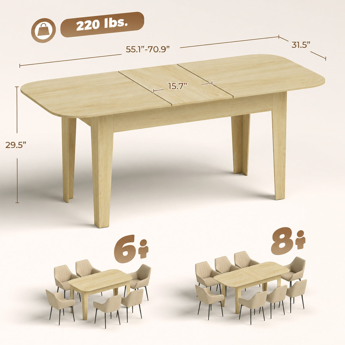 Extendable Oval Dining Table for 4-6, Farmhouse Expandable Kitchen Table, Round Edges, Oak