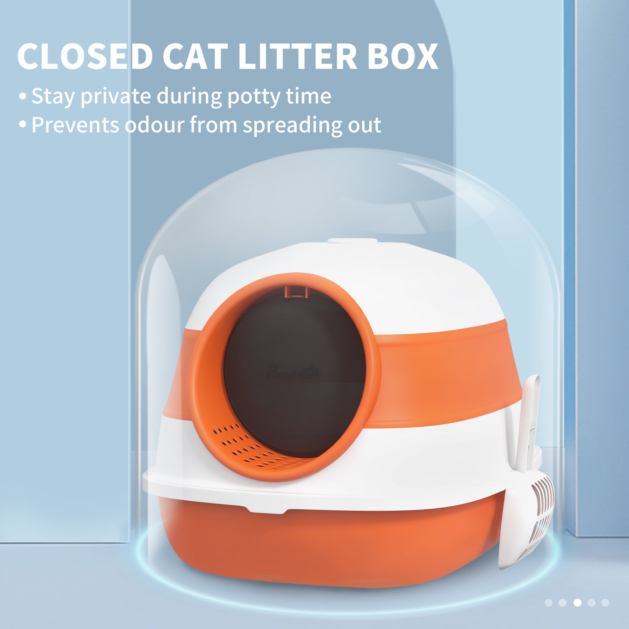 Dome Covered Cat Litter Box with Lid, White and Orange - Orange - Image 6