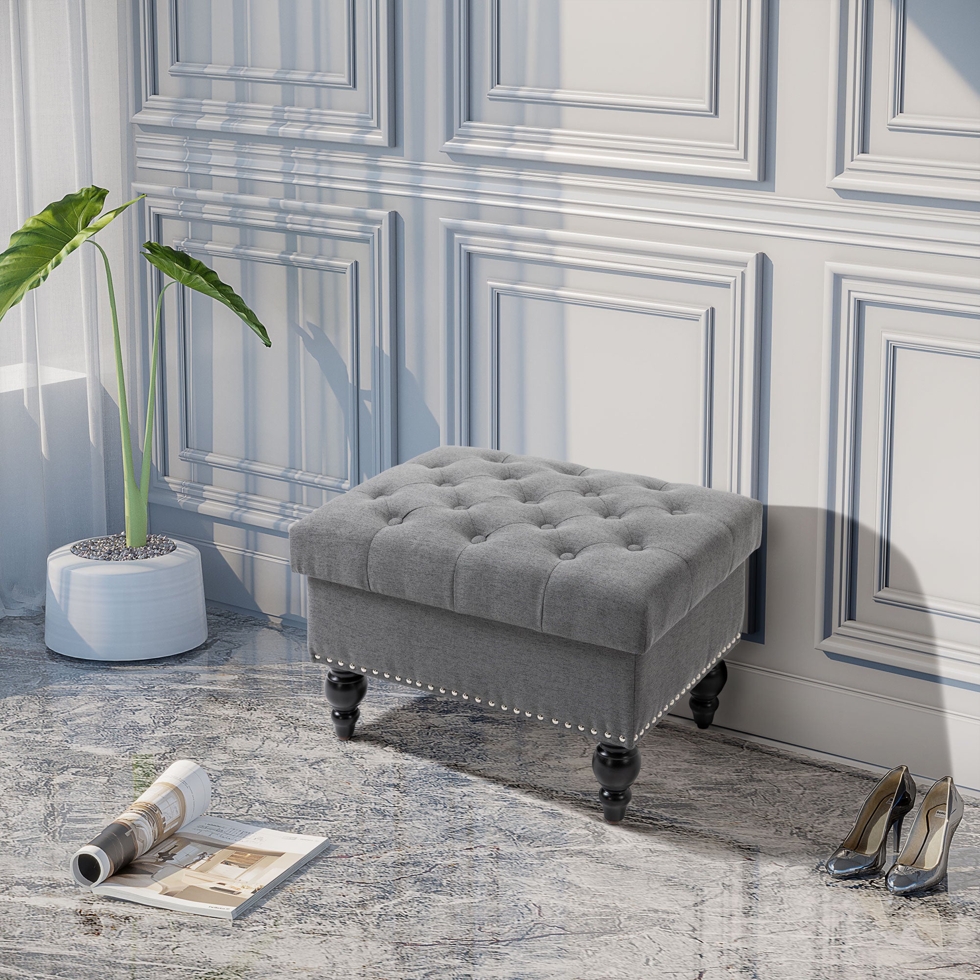 Ottoman with Storage for Living Room, 25" Storage Ottoman with Removable Lid, Button-Tufted Fabric Bench for Footrest and Seat with Wood Legs, Gray