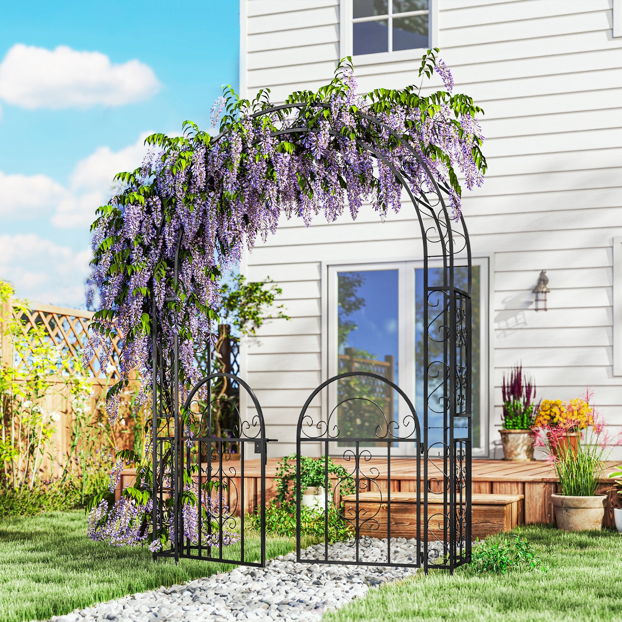 7.4ft Steel Garden Arch with Gate, Garden Arbor Trellis for Climbing Plants, Roses, Vines, Wedding Arch Stand for Outdoor, Garden, Lawn, Backyard, Black - Black - Image 2