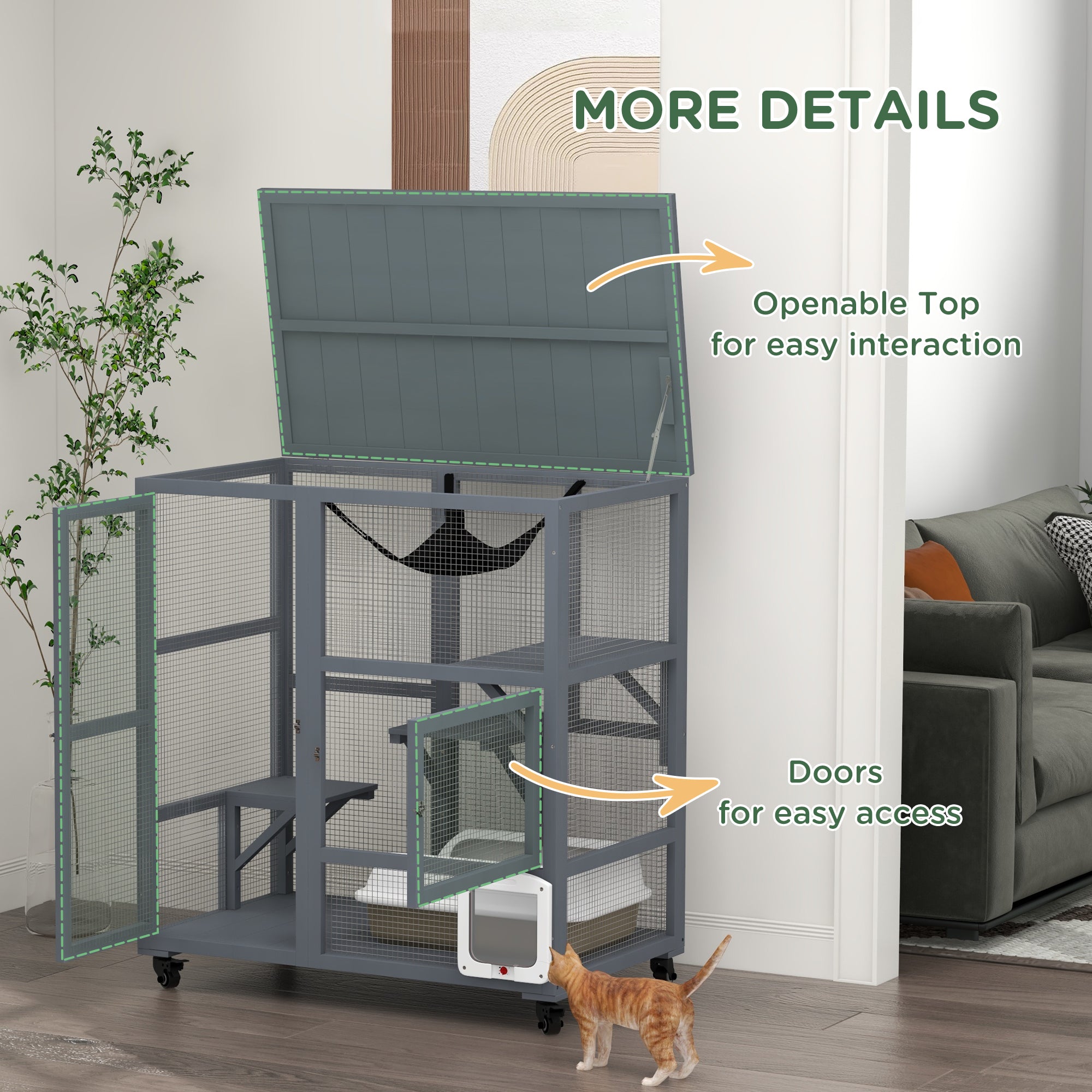 Cat House, Indoor Cat Enclosure on Wheels with Openable Top, 39" - Light Gray - Image 7