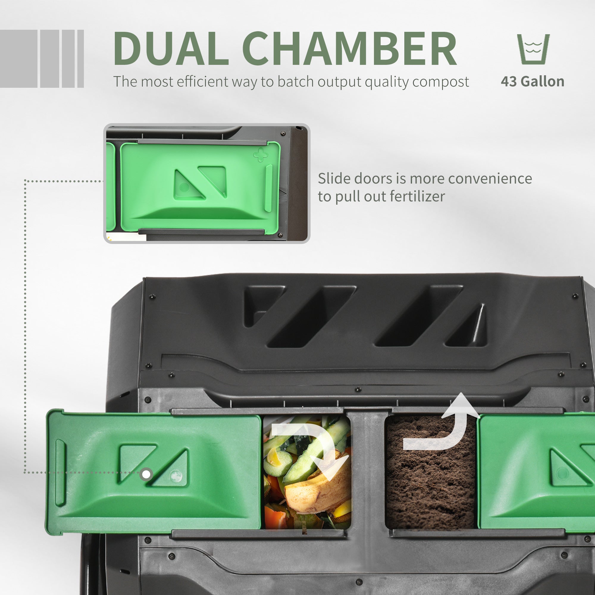 Tumbling Compost Bin Outdoor 360° Dual Chamber Rotating Composter 43 Gallon, Green - Green - Image 4