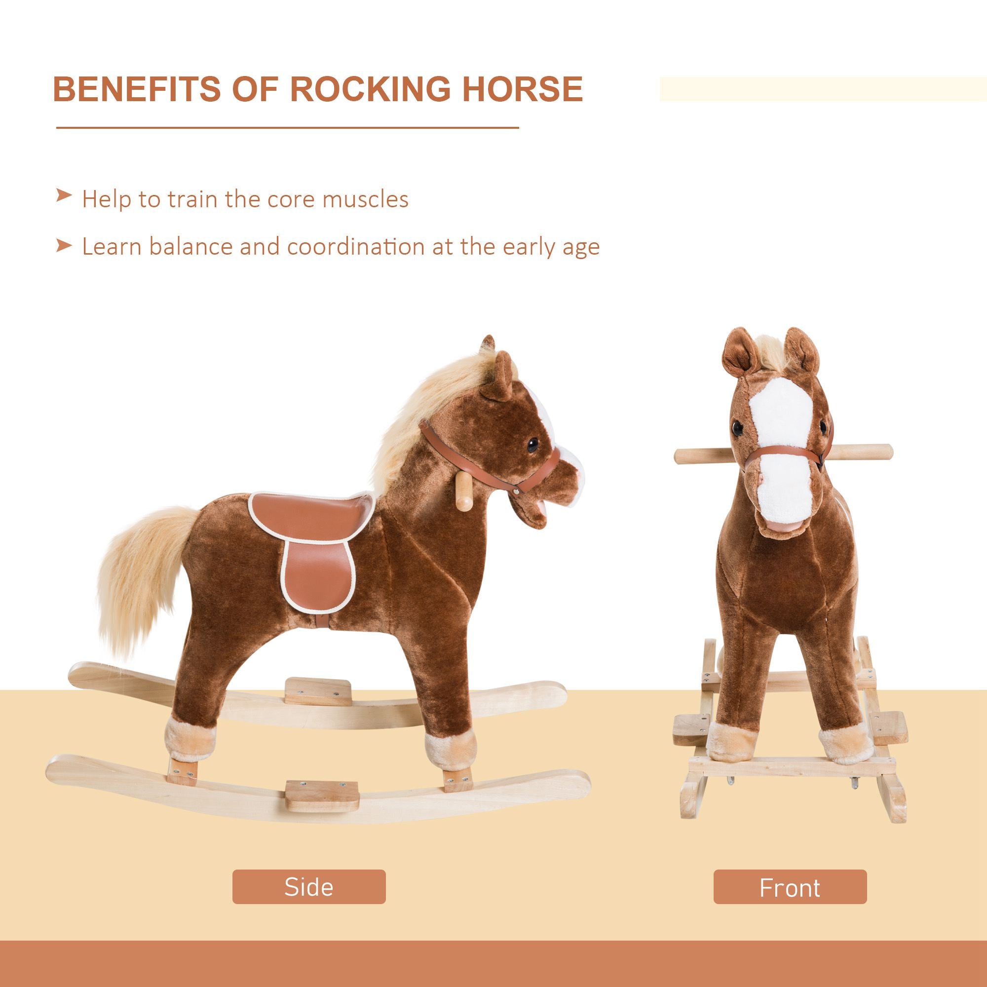 Kids Ride on Rocking Horse Toddler Plush Toy with Realistic Sounds for 3 Years Old Children - Brown