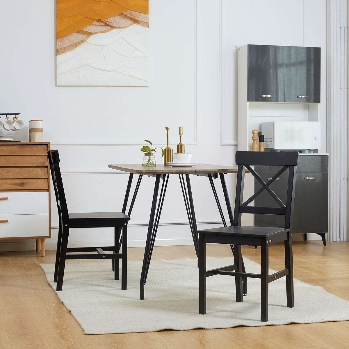 Farmhouse Wooden Dining Chairs Set of 2 with Cross Back, Black