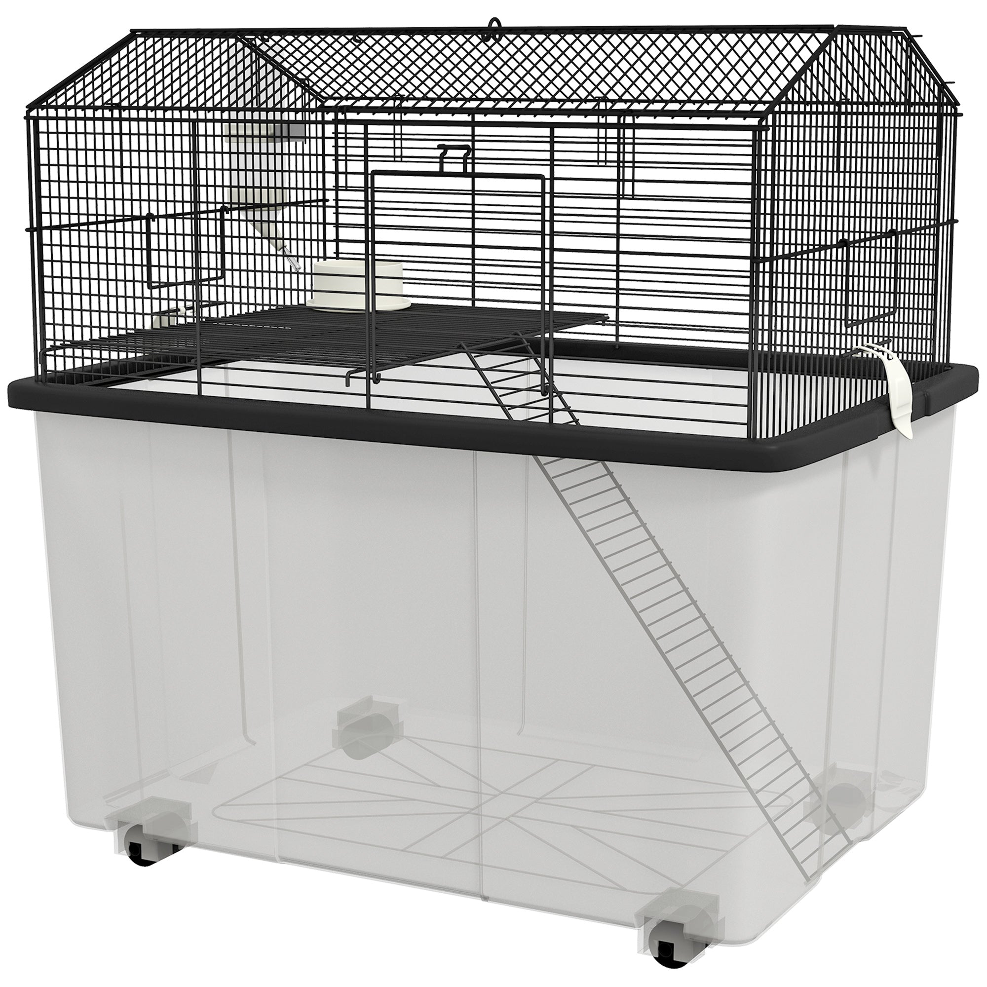 22" 2-Tier Hamster Cage with Extra-Deep 14" Base, Small Animal Cage with Ramp, Water Bottle, Food Dish, Wheels, Black - Black