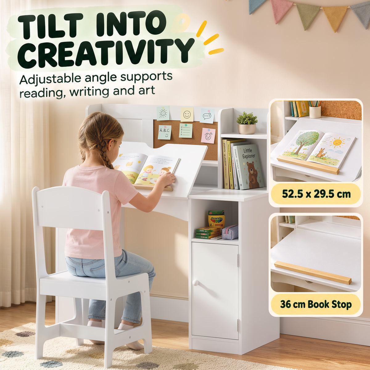 Kids Desk and Chair Set, Wooden Children Study Table with Tiltable Desktop, Storage Cabinet, Hutch for 3-12, White