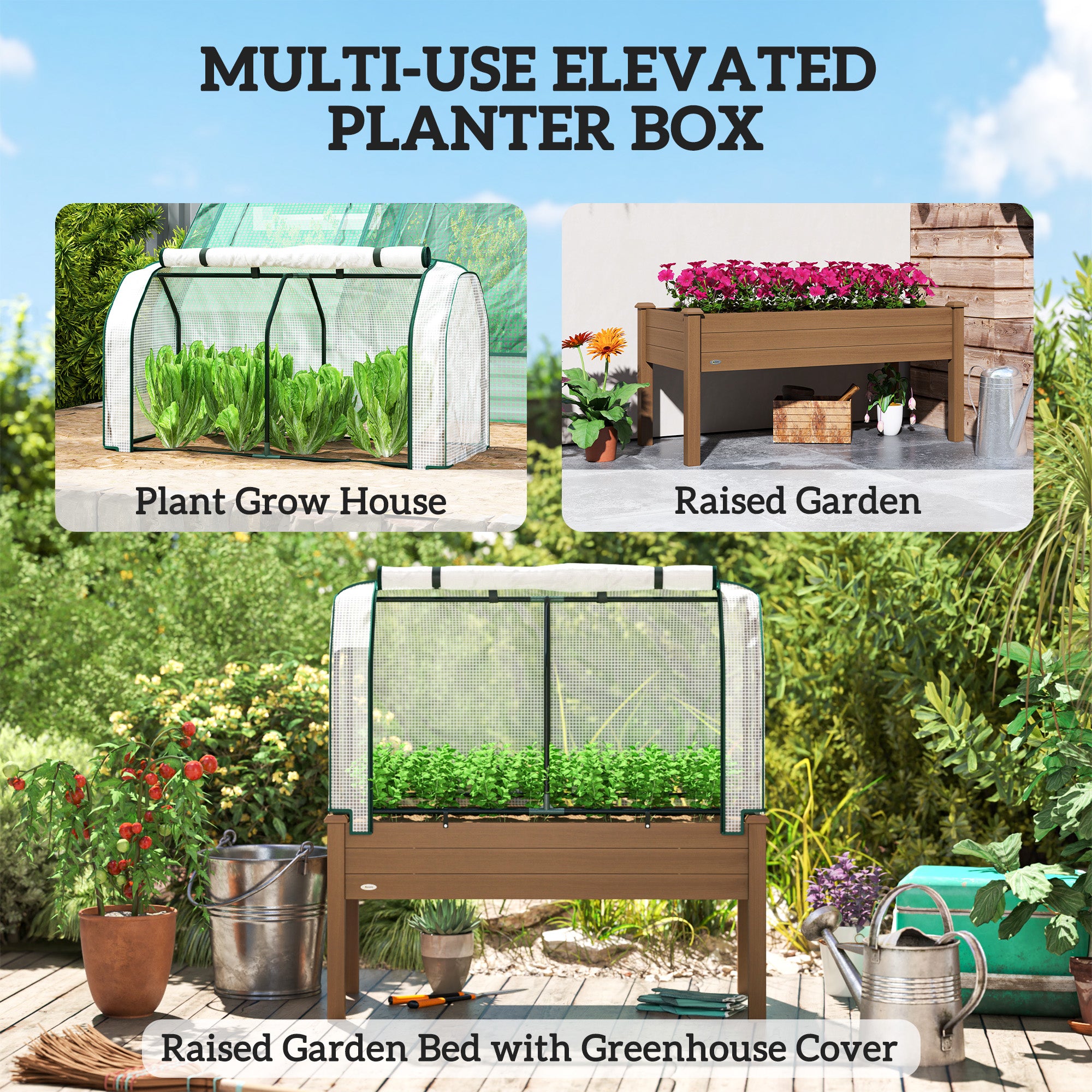 Raised Garden Bed with PE Greenhouse Cover Outdoor Planter Box for Herbs and Vegetables, 48 x 22 x 46 inch, Brown - Brown - Image 6
