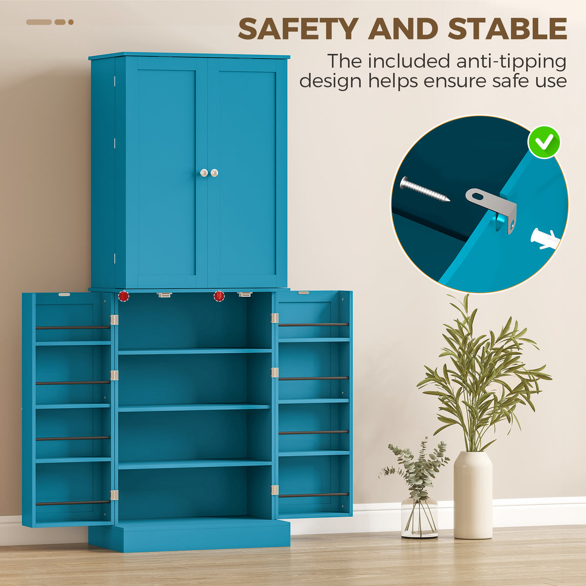 65" Kitchen Cabinet, Kitchen Pantry Cabinet with 4 Doors and 16 Door Shelves for Dining Room, Blue