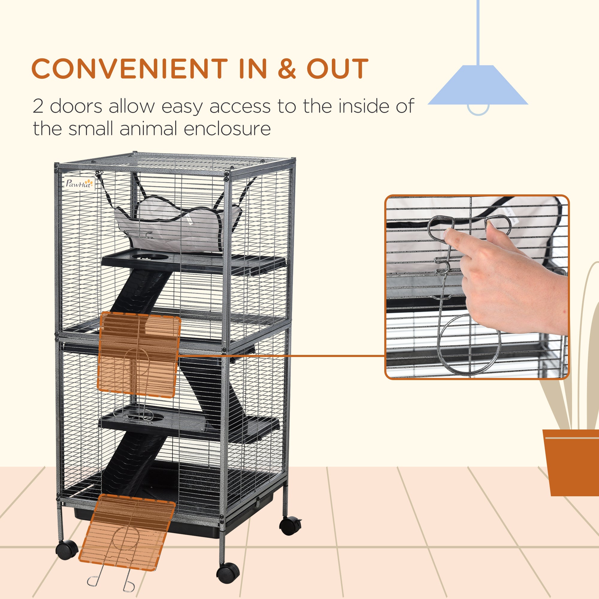 Metal Small Animal Cage Rolling Big Ferret Cage, Chinchilla Cage, Sugar Glider Cage, with Hammock & 4 Tiers, Removable Tray, Gray - Gray - Image 7