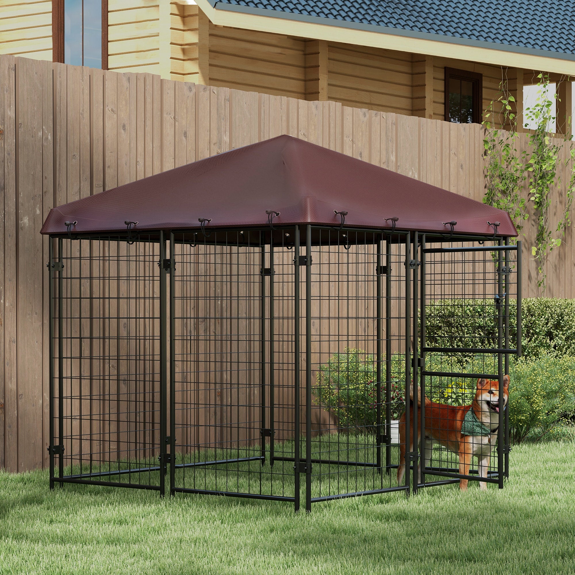 4.6' x 4.6' x 5' Dog Kennel Outdoor with Waterproof Canopy, Large Door - Brown - Image 2