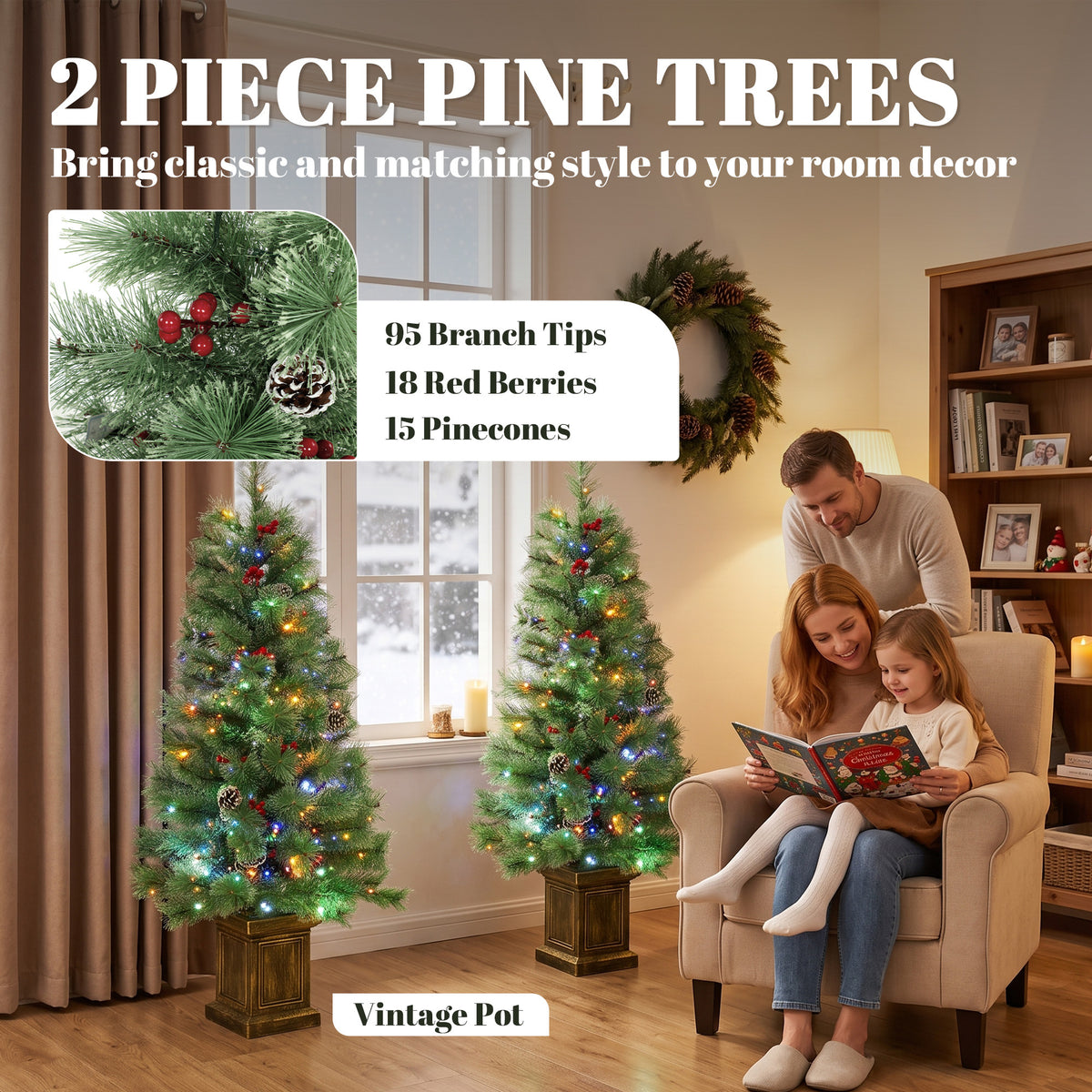 4ft Pre-Lit Artificial Christmas Tree Set of 2, Xmas Pine Trees, Dual Colors, Remote, Green