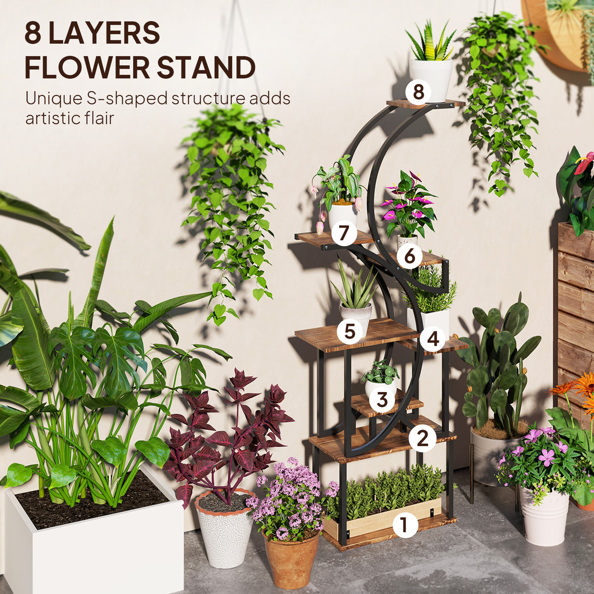 Plant Stand Indoor, 8 Tier 62" S-Shaped Plant Shelf, Corner Plant Rack for Multiple Plants, Carbonised Finish