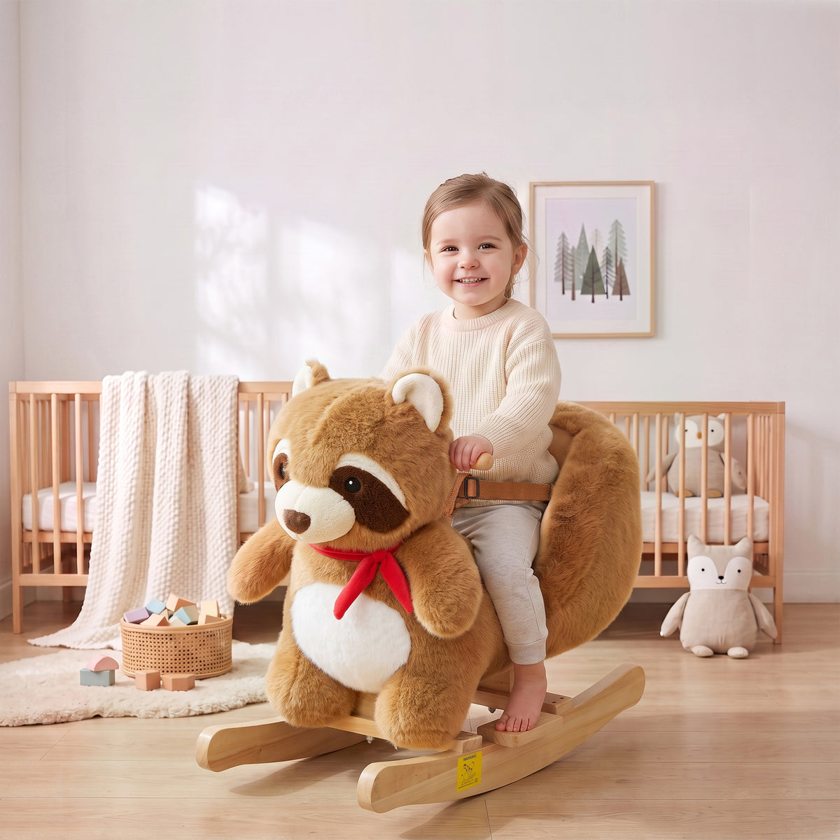 Raccoon Baby Rocking Horse, Kids Plush Ride-On Toy with Realistic Sounds and Safety Belt, Brown