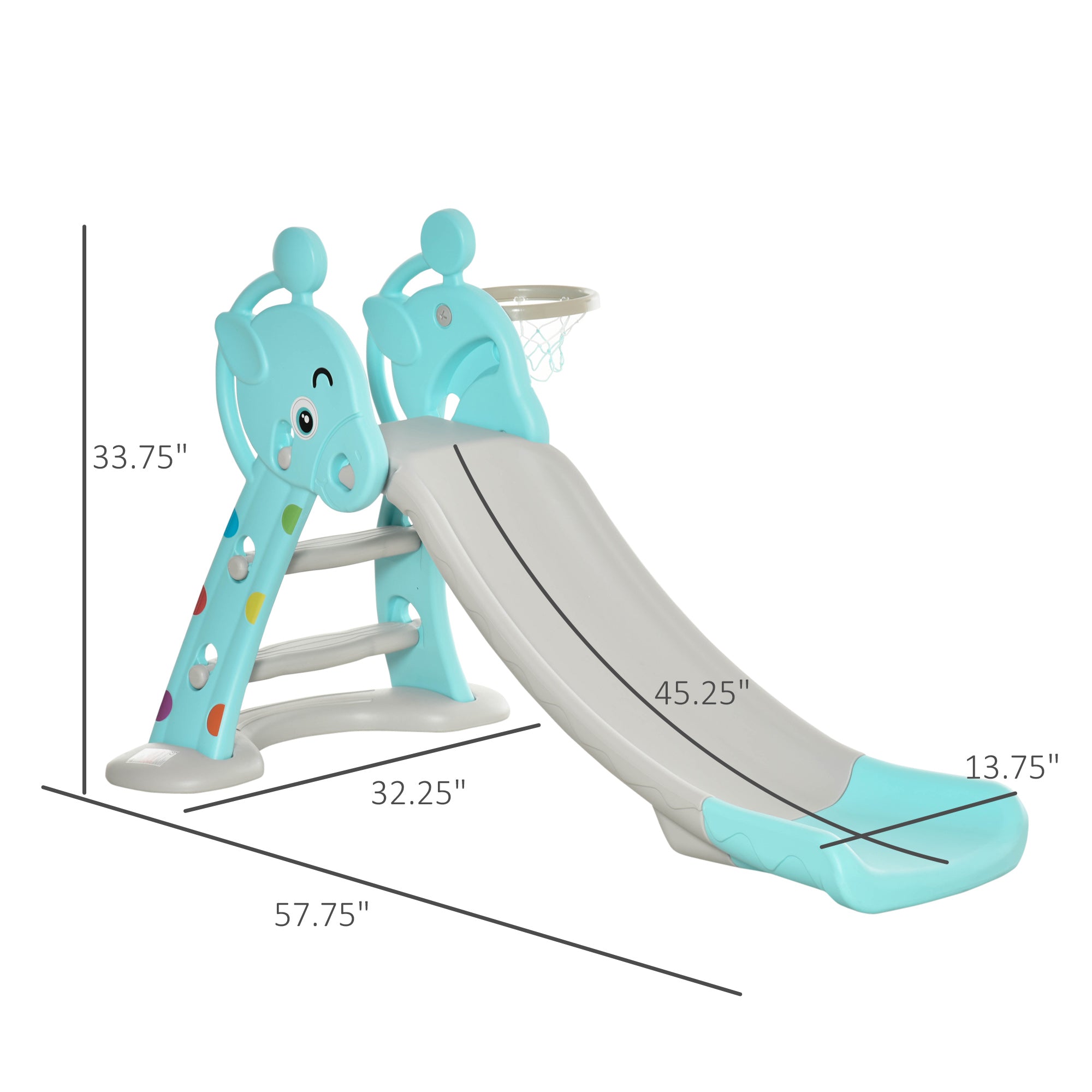 2 in 1 Kids Slide with Basketball Hoop, Foldable Toddler Freestanding Slider Playset, for 18 months -4 Years Deer Shaped, Includes Basketball, Pump - Blue