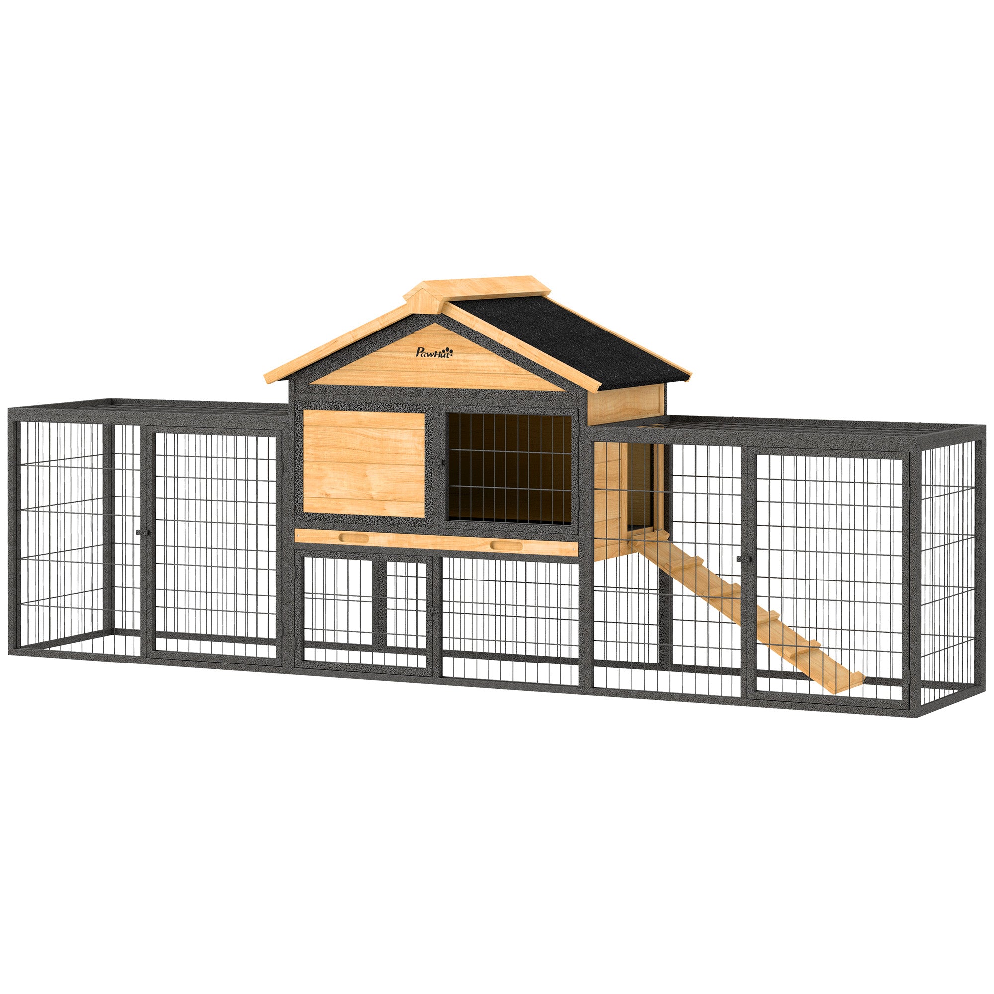 Wooden Rabbit Hutch Outdoor, 85" Large Bunny Cage with Steel Run, Removable Plastic Tray, Asphalt Roof, Ramp - Natural Wood