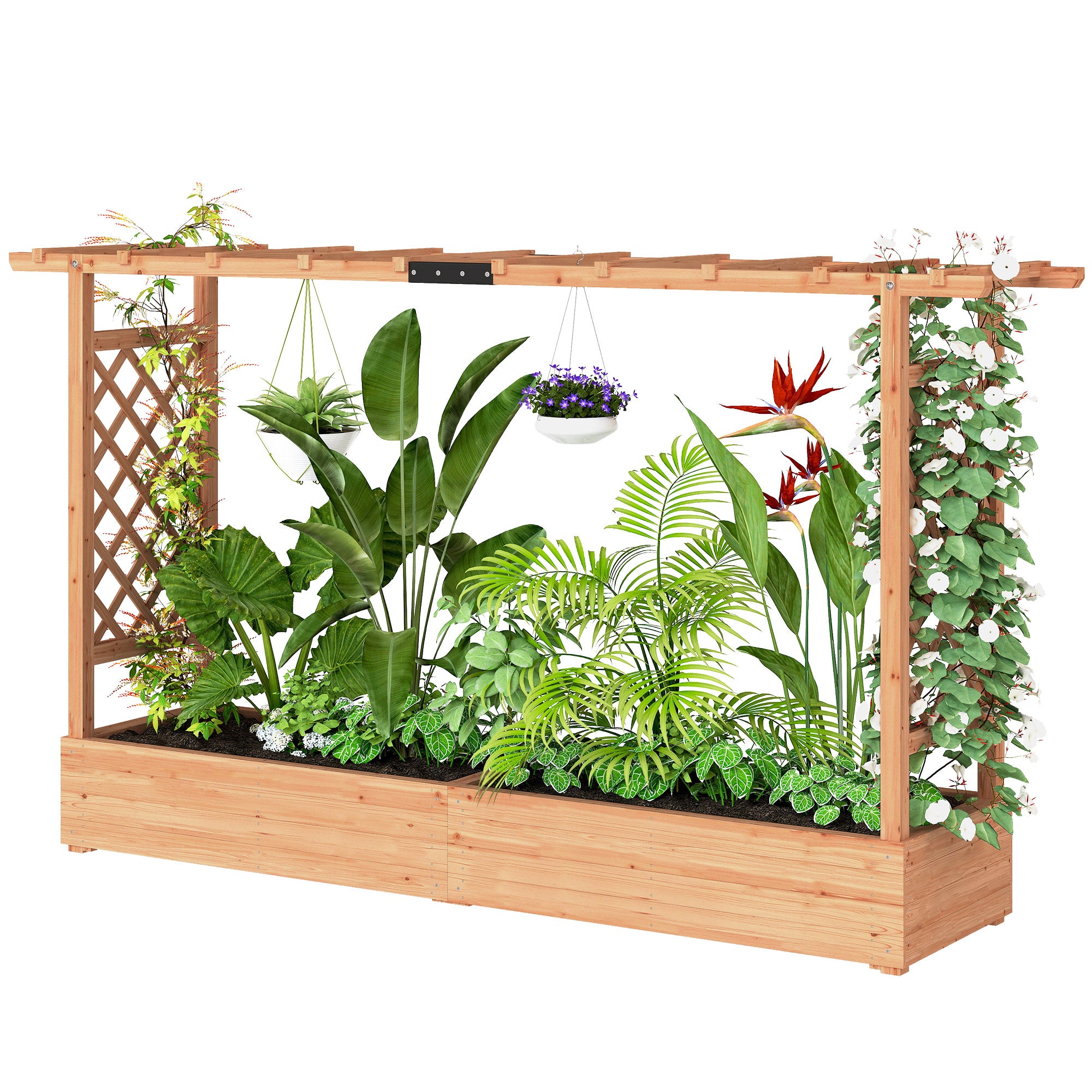 Wooden Planter Box with Trellis, Hanging Roof and Drainage Holes for Climbing Plants, Vegetables, Herbs and Flowers - Natural Wood