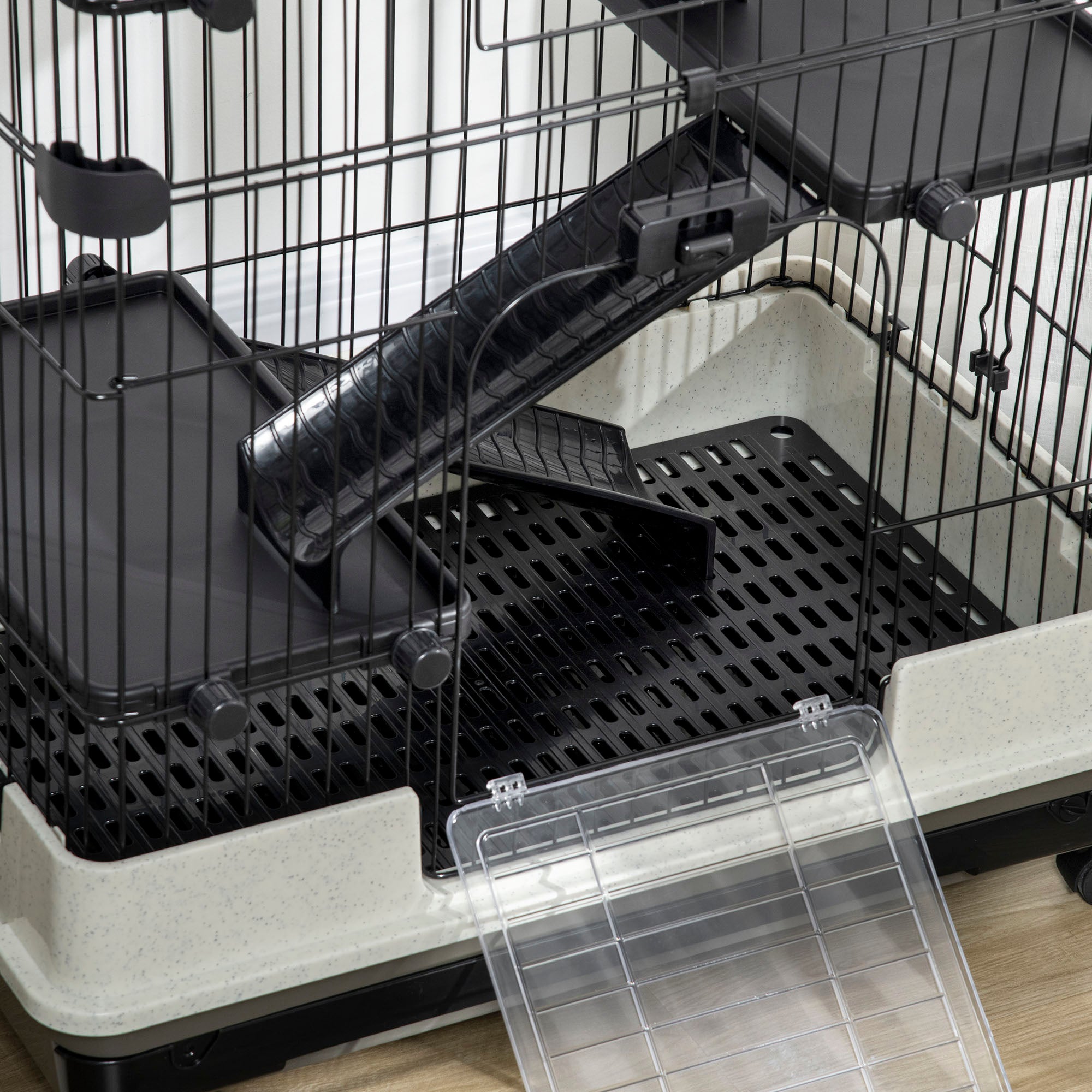 32"L 4-Level Small Animal Cage Rabbit Hutch with Universal Lockable Wheels, Slide-out Tray for Bunny, Chinchillas, Ferret, Black - Black - Image 8