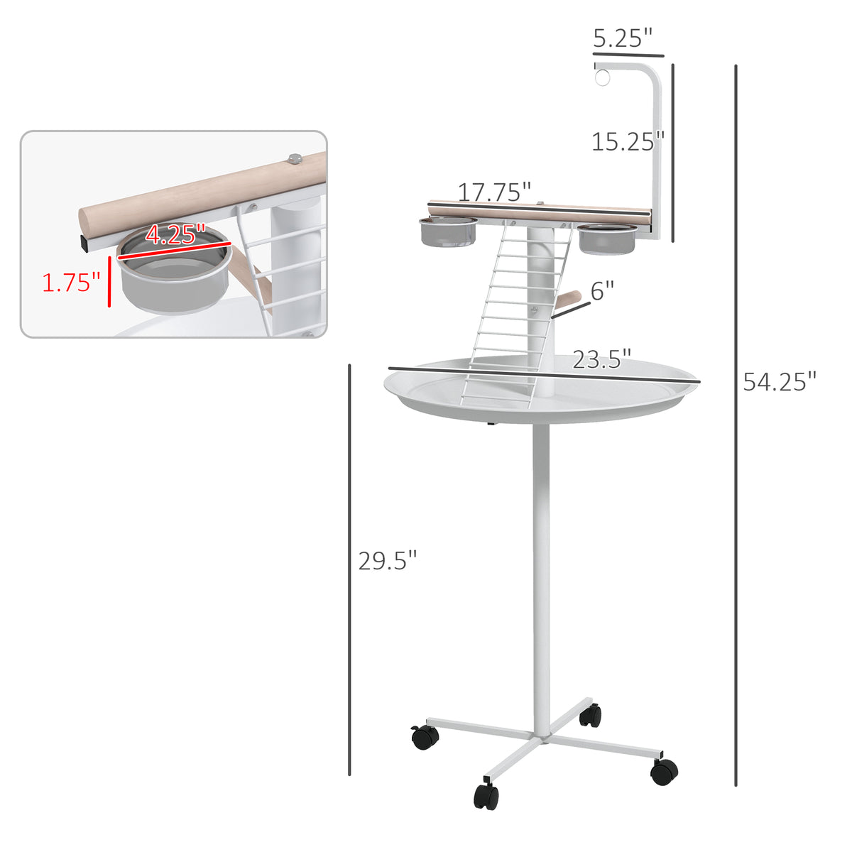 Bird Stand with Wheels, Perches, Feed Bowls, Round Tray for Parrot
