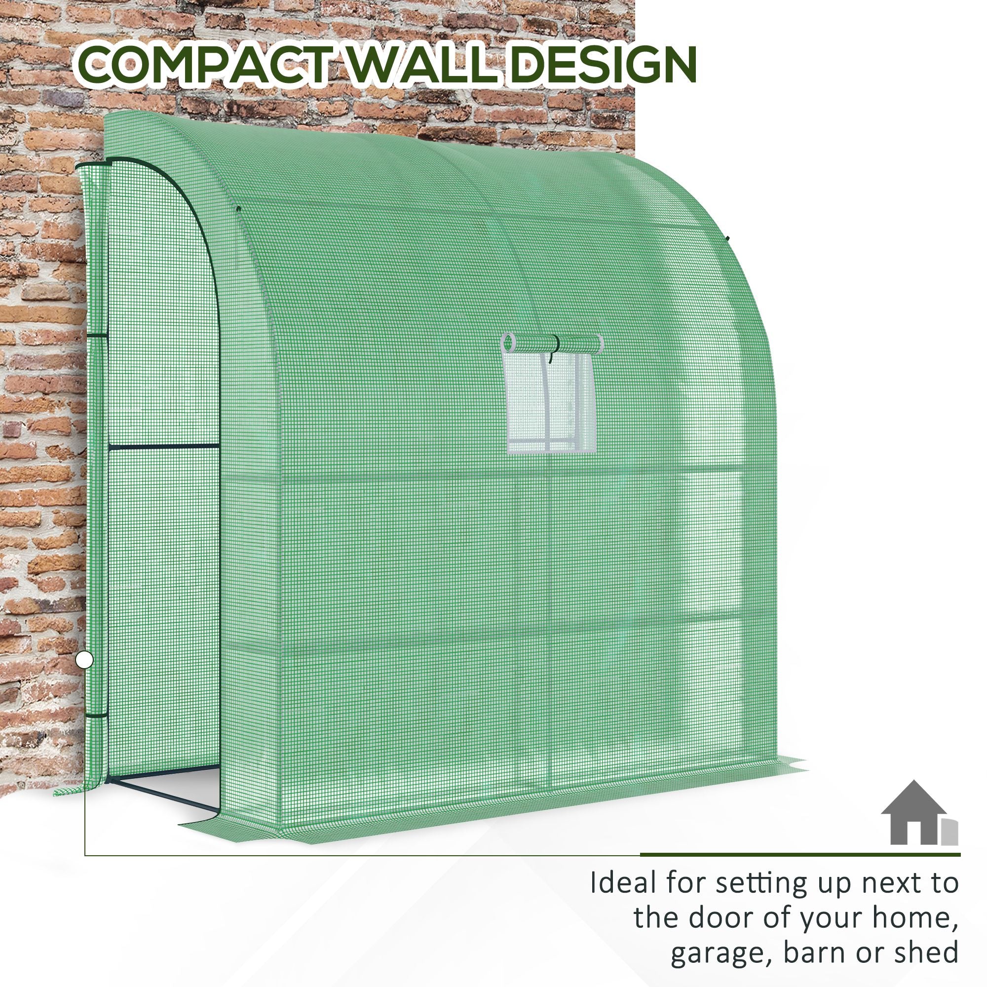 7' x 3' x 7' Lean to Greenhouse, Walk-In Green House, Plant Nursery with 2 Roll-up Doors and Windows, PE Cover and 3 Wire Shelves, Green - Green - Image 6