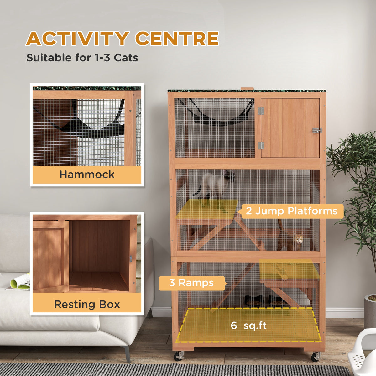 2 Piece Wooden Catio, Cat Enclosure House with Hammock, Wheels, Platforms Ramps, Weather Protection Asphalt Roof
