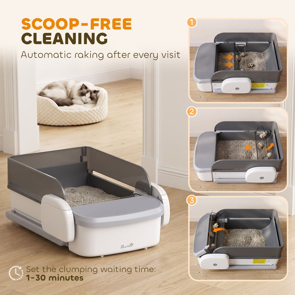 Self Cleaning Cat Litter Box, Automatic Litter Box with App Control, Open-Top, 10L Waste Bin, Gray