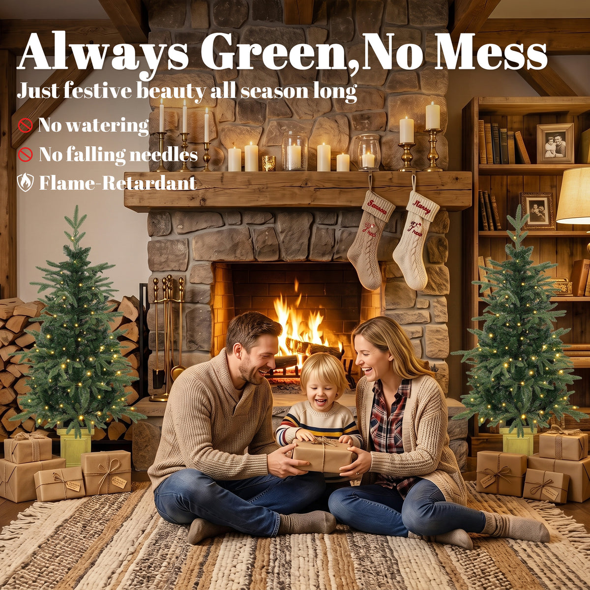 4ft Prelit Christmas Tree with Dual-Color LEDs, Remote, Set of 2 Aspen Fir, Battery-Operated, 11 Modes, Decorative Pot