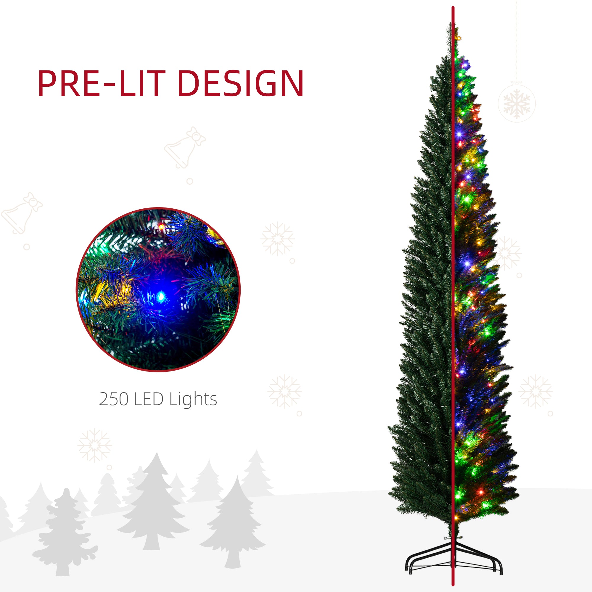 8' Artificial Pencil Christmas Trees Holiday Decoration with Colorful LED Lights, Steel Base, Skinny Shape