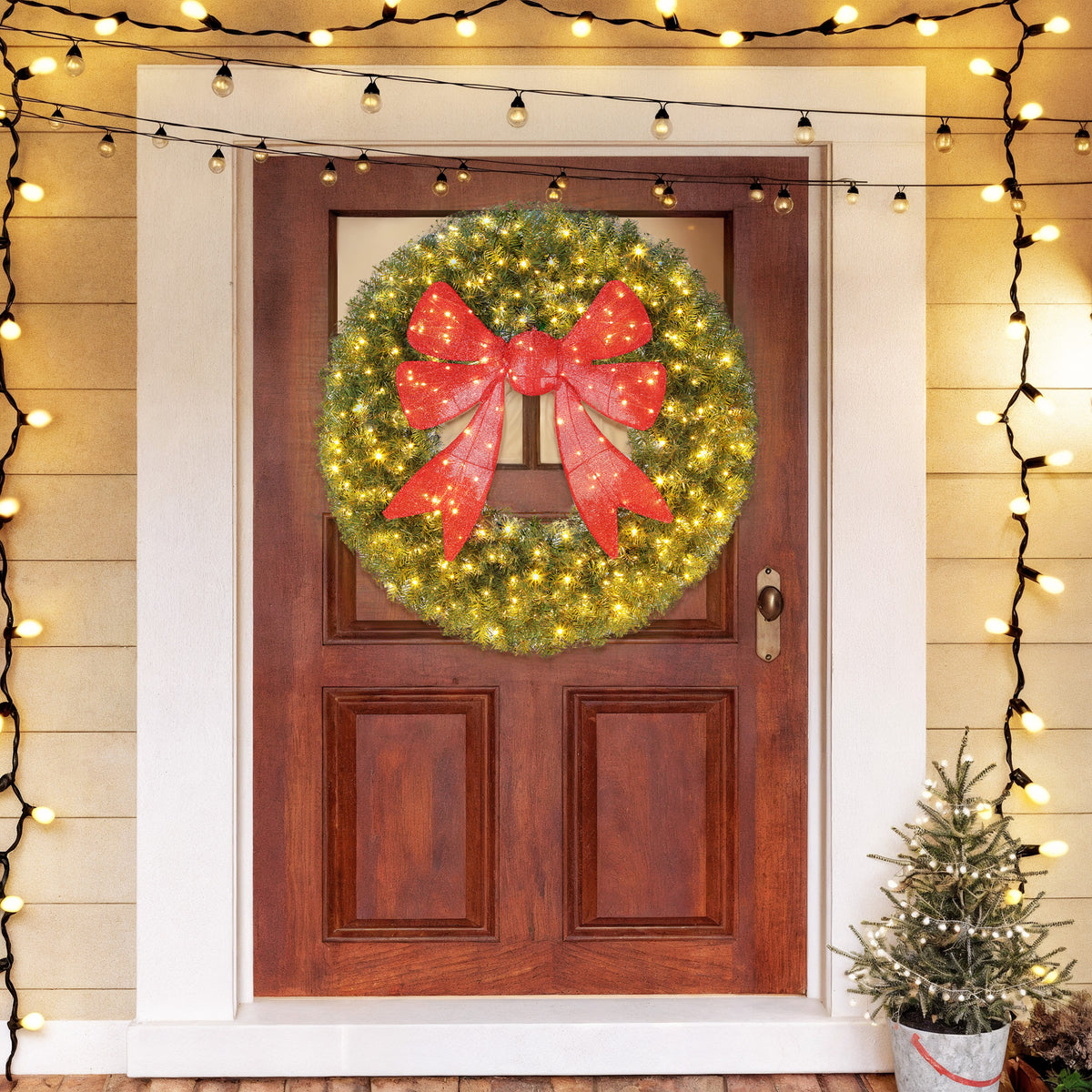 36in Pre-Lit Christmas Wreath with 3D Red Bow, 11 Lighting Modes, Front Door Christmas Wreath with Remote