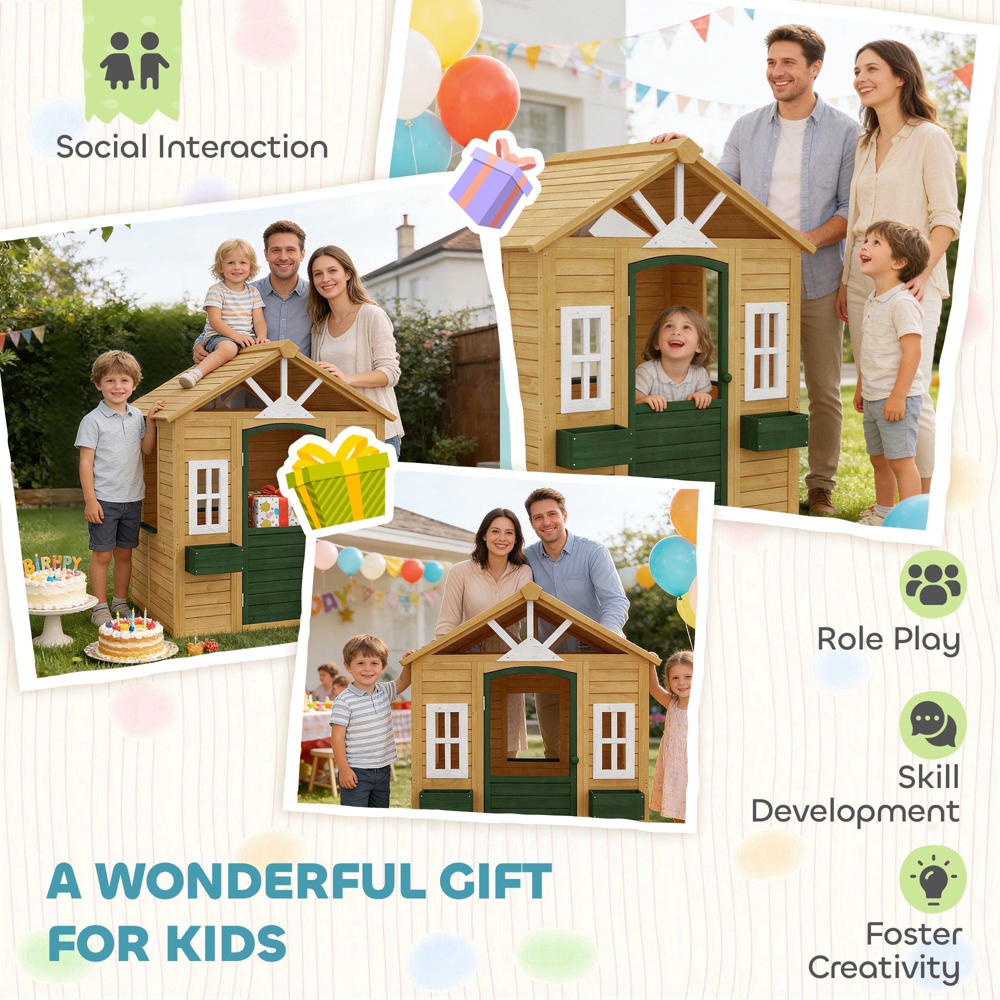 Outdoor Playhouse, Wooden Kids Playhouse with Door, 3 Windows, 2 Flower Boxes for Garden, Indoor Playroom, Ages 3–8