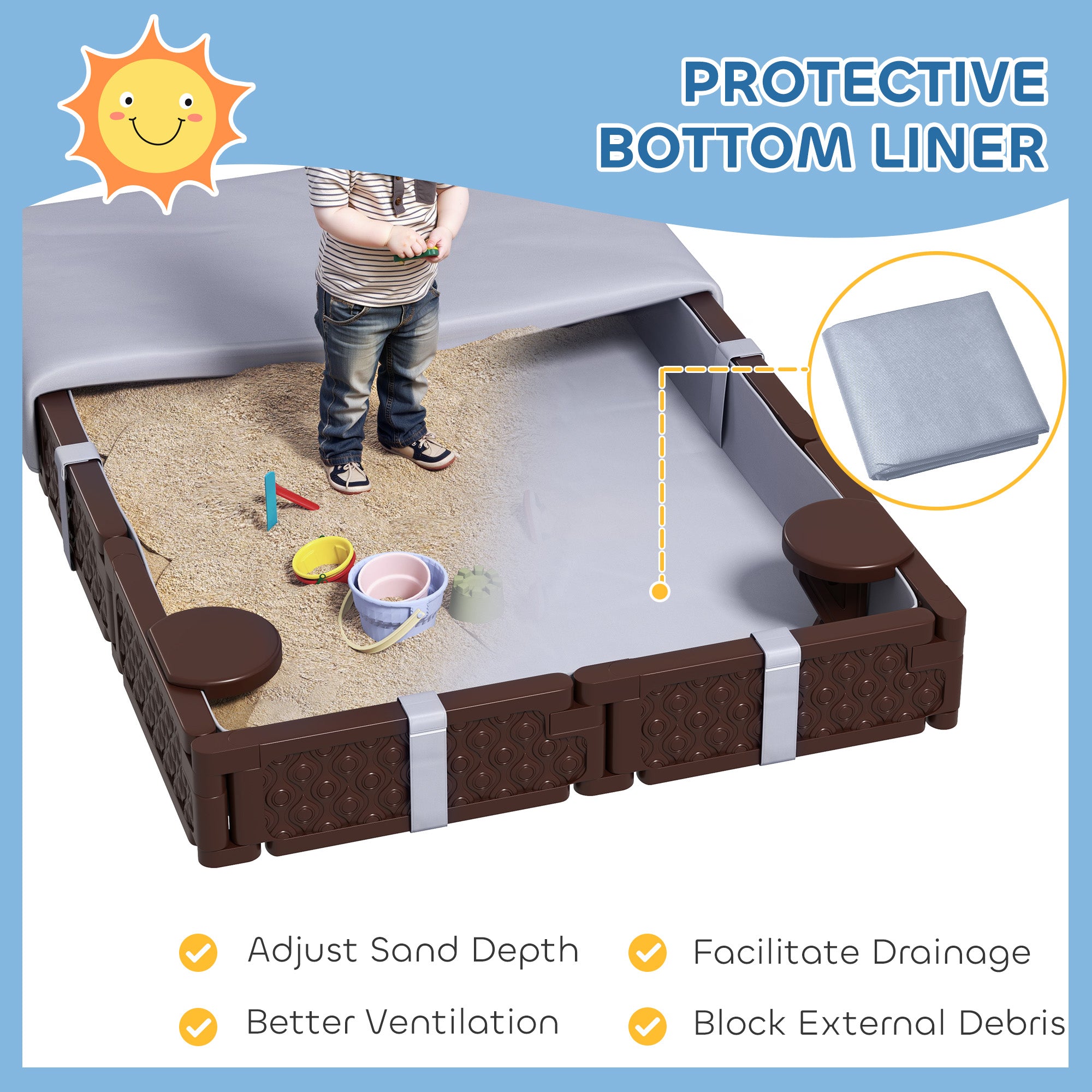 Kids Sandbox with Cover, 4 Corner Seats, Bottom Liner for Backyard, Garden, Outdoor, 73" x 47" x 9", Dark Brown