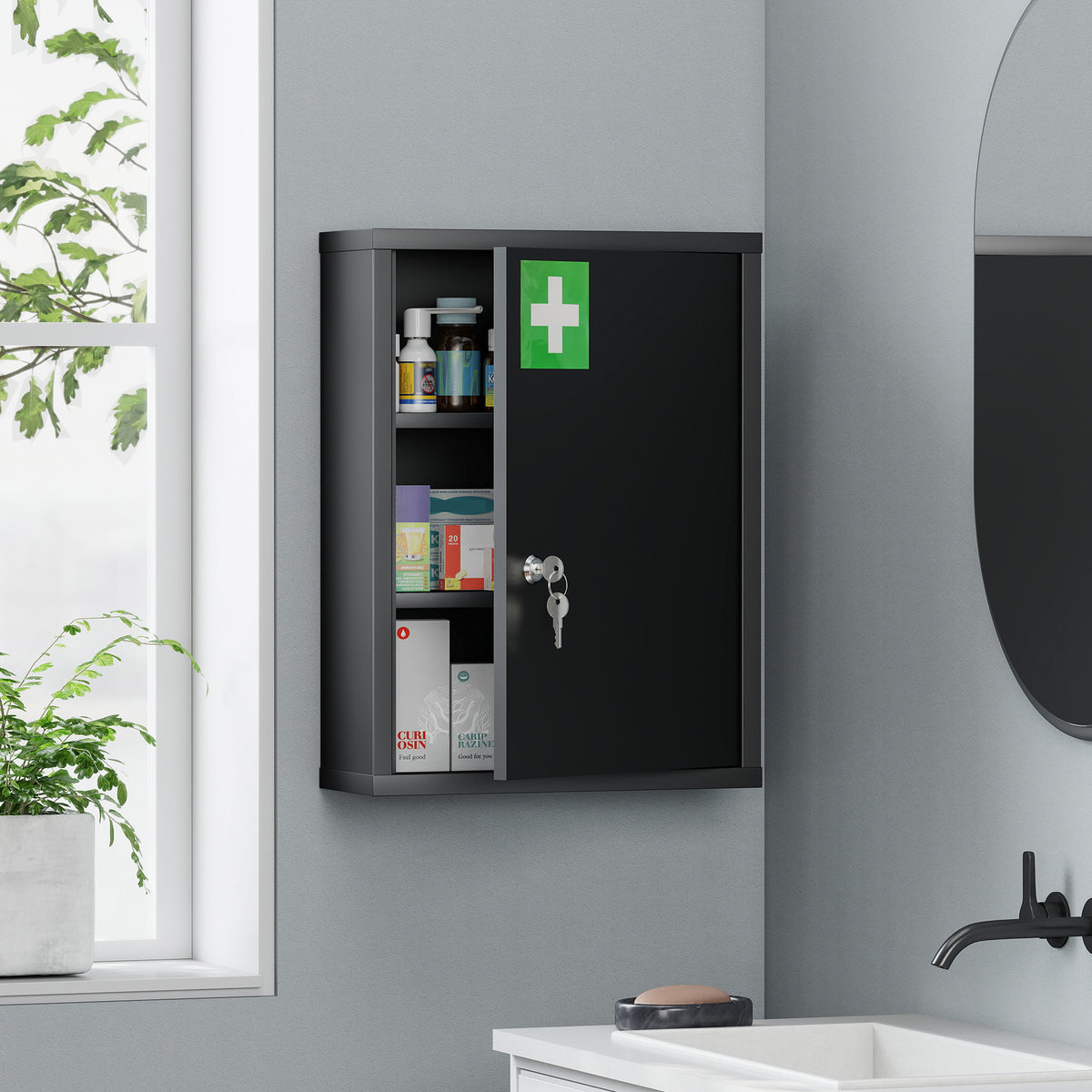 16" x 21" Lockable Medicine Cabinet, 3 Tier Steel Medical Wall Box with 2 Keys and Shelves for Bathroom, Black