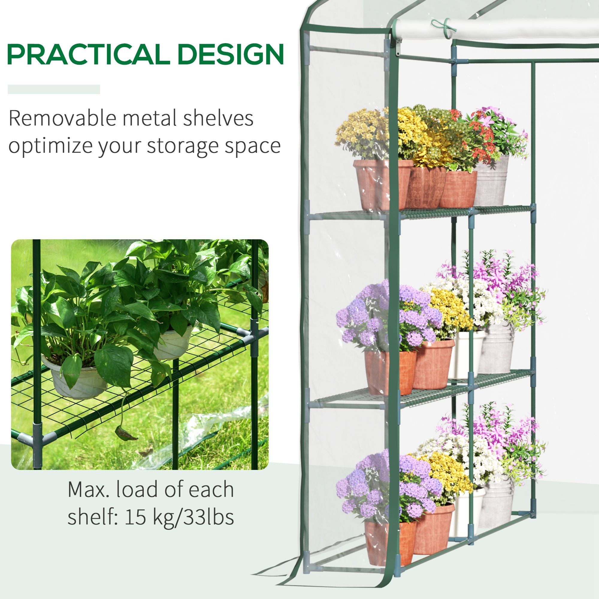 5' x 5' x 6' Mini Walk-in Greenhouse Kit, Portable Green House with 3 Tier Shelves, Roll-Up Door, and Weatherized Plastic Cover for Backyard Garden, Clear - Clear - Image 7