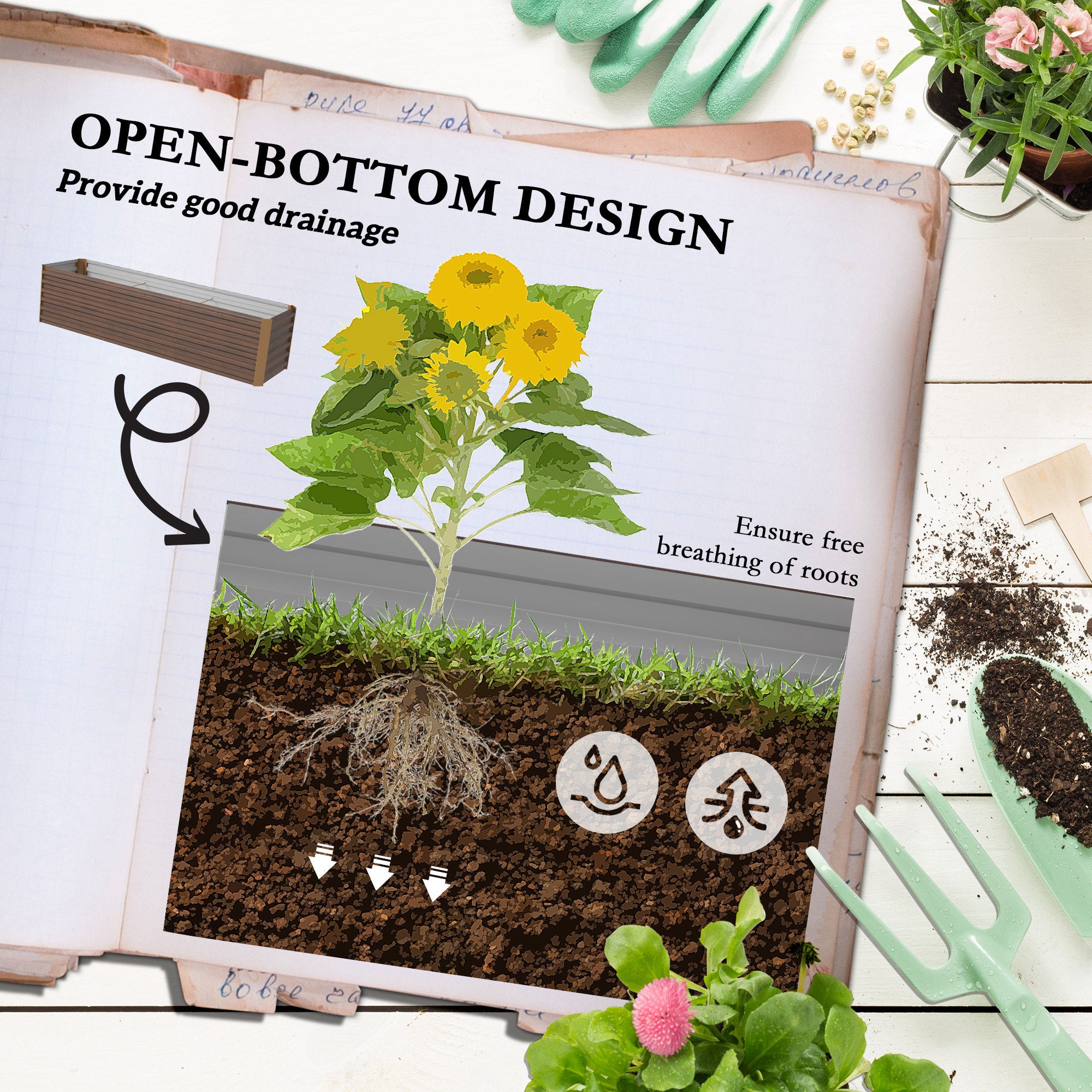 8x2x2ft Galvanized Raised Garden Bed Kit with Safety Edging for Flowers, Herbs and Vegetables, Dark Brown - Brown - Image 5