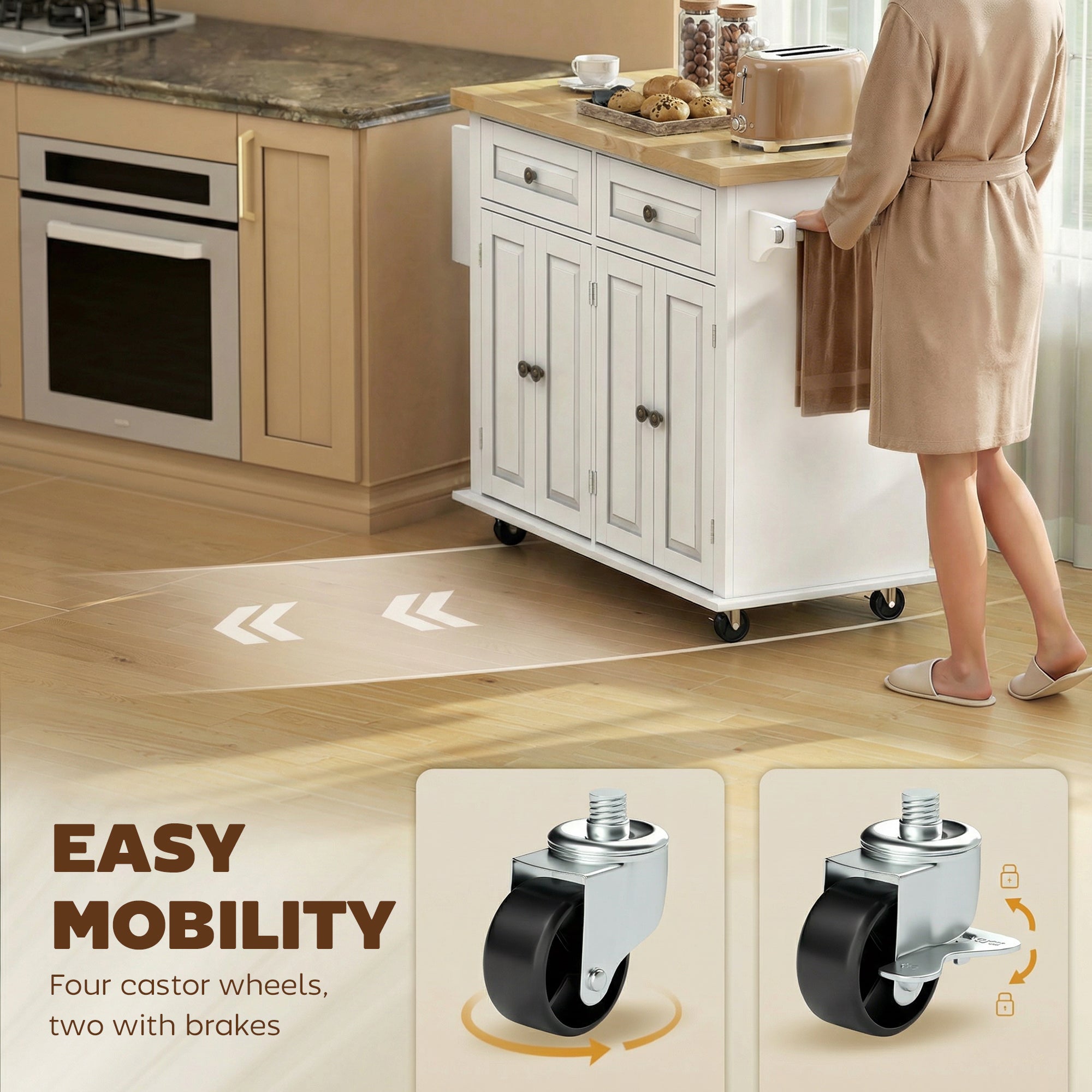 44" Mobile Kitchen Island Table, Kitchen Island Cart on Wheels with Storage Cabinets, 2 Drawers, White