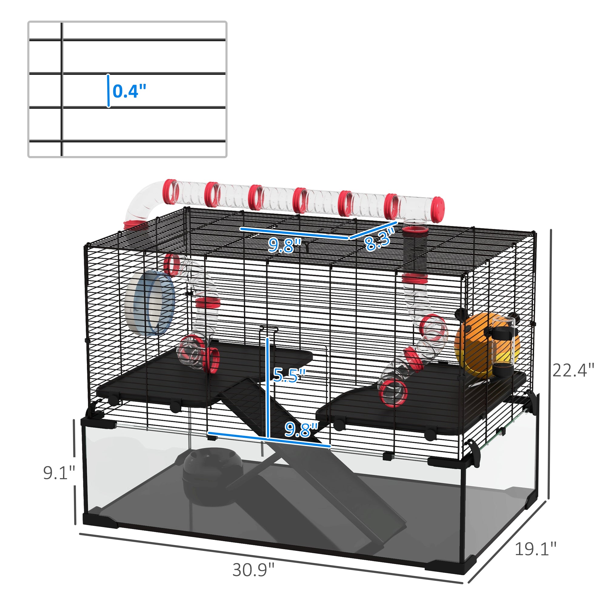 31" Hamster Cage with Tube and Tunnel, Deep Glass Bottom - Black - Image 3