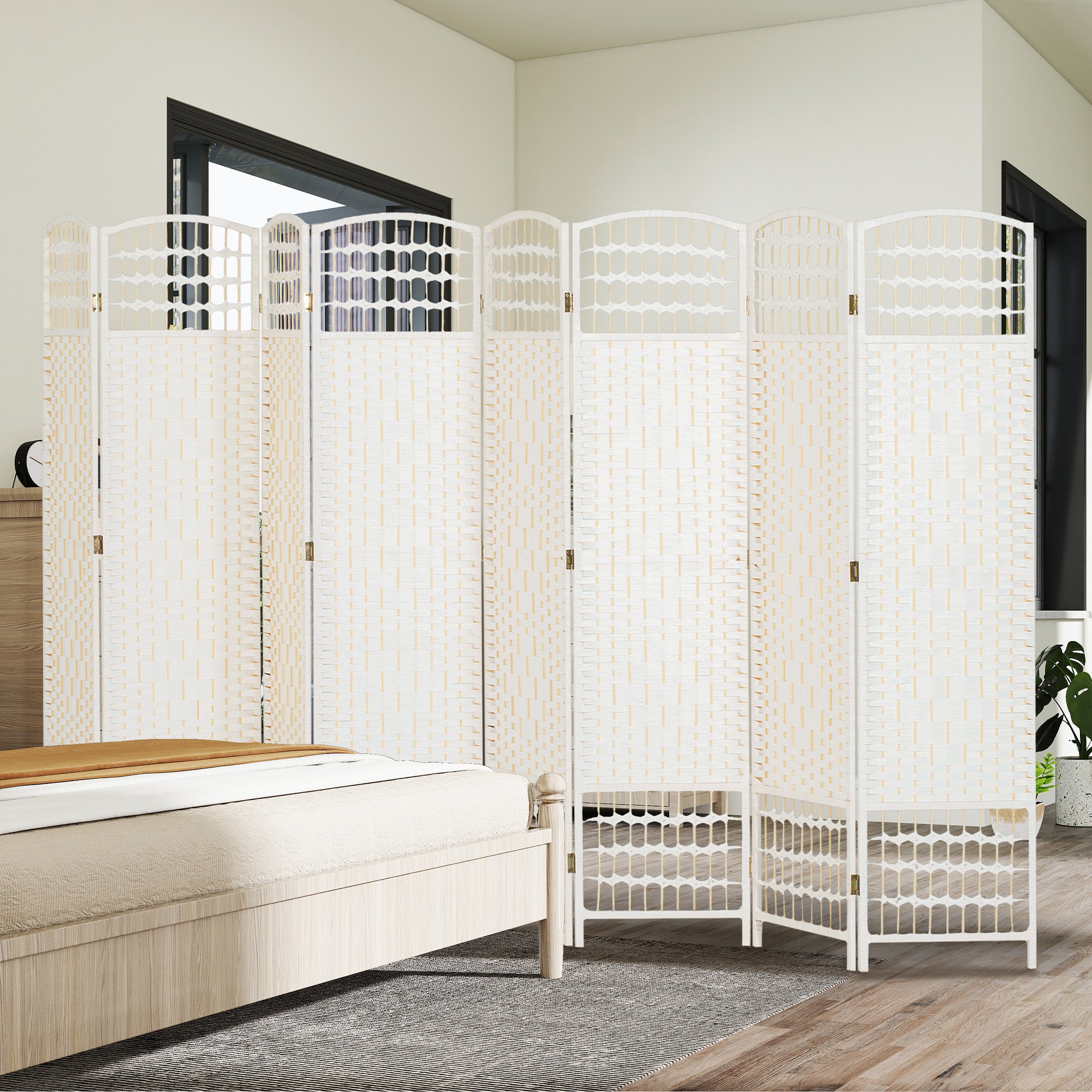 8 Panel Folding Room Divider Portable Privacy Screen Wave Fiber Room Partition for Home Office White