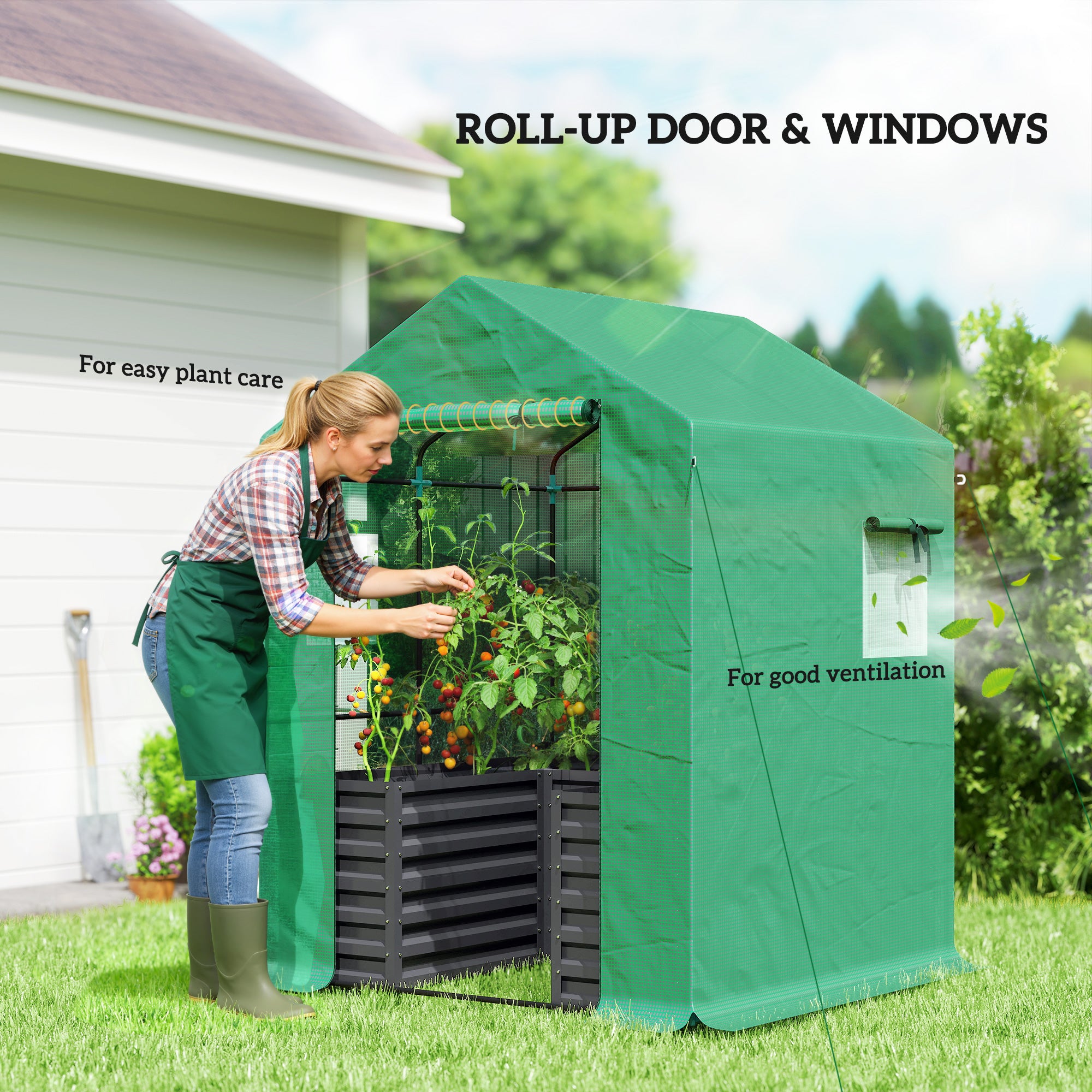 Greenhouse with Raised Garden Bed, Galvanized Steel Outdoor Greenhouse with Roll Up Door, 56" x 56" x 75", Dark Gray - Dark Gray - Image 7
