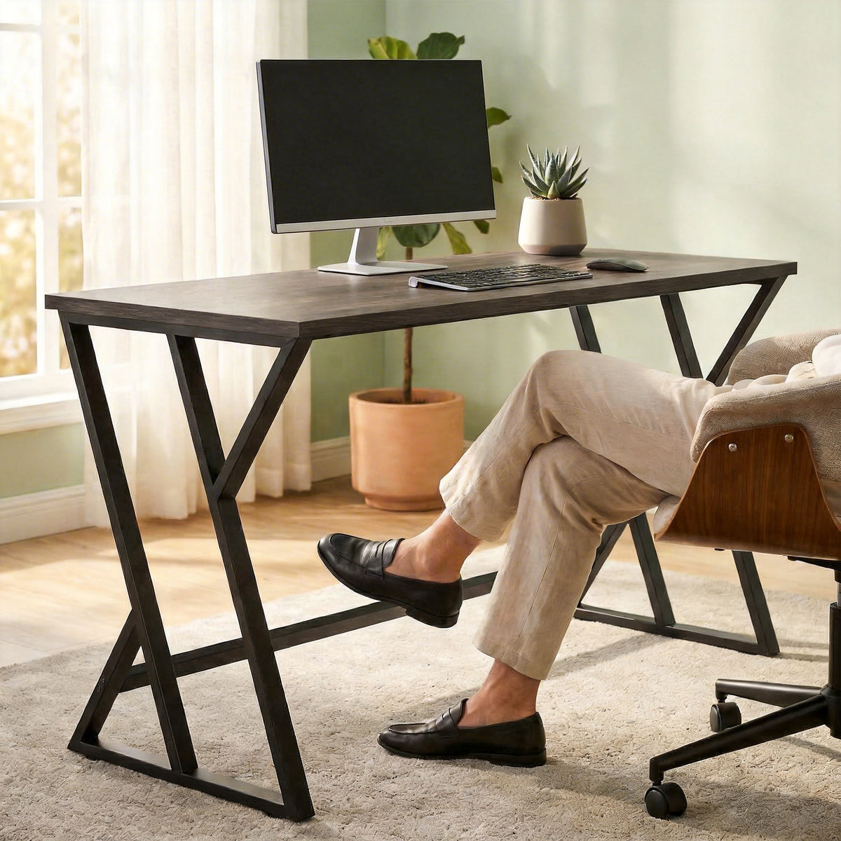 55 Inch Computer Desk, Industrial Writing Desk with Z-Shaped Metal Leg, Study Table for Home Office, Distressed Gray