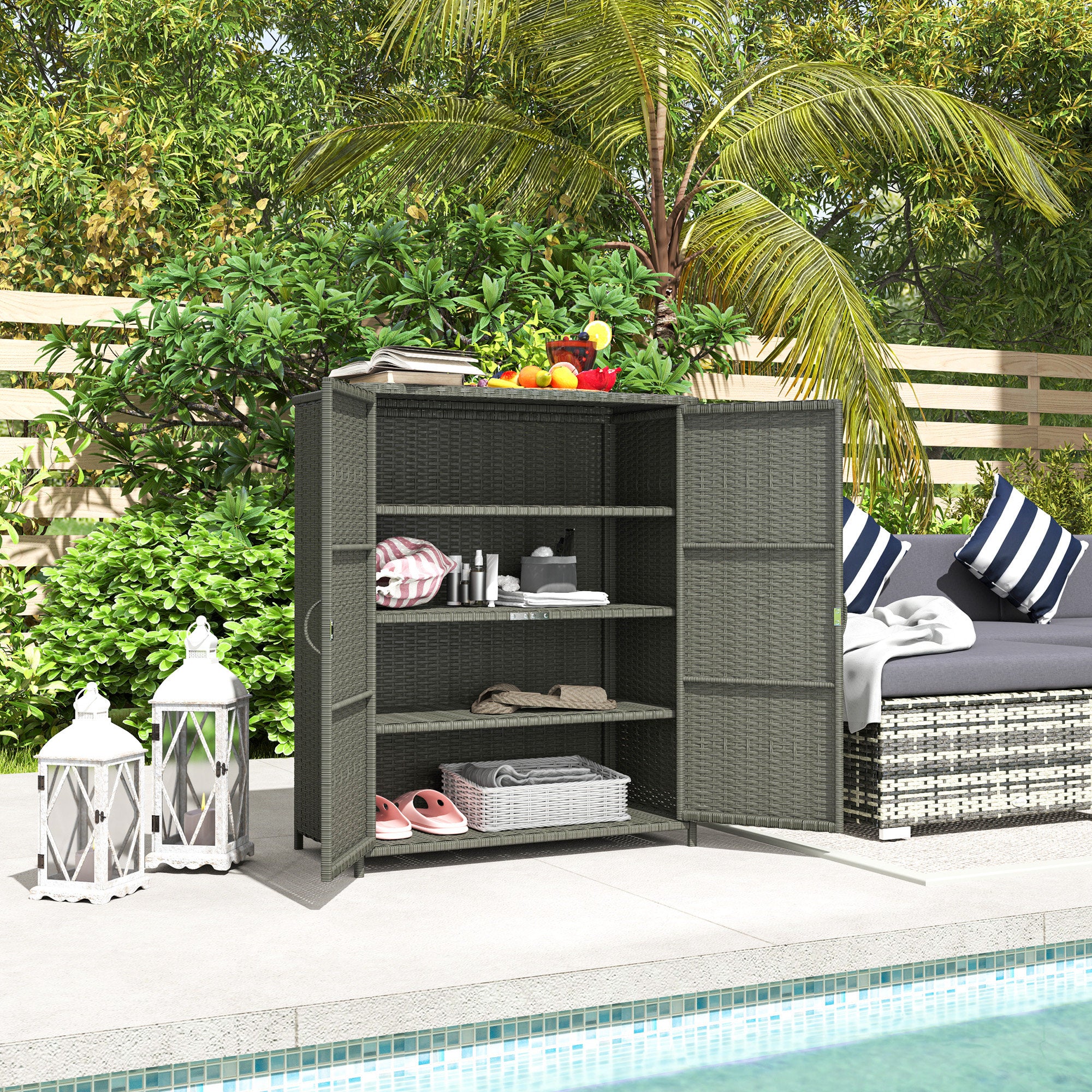 Rattan Wicker Outdoor Storage Cabinet with 4 Shelves and 2 Doors for Garden Pool Towel Storage, Dark Gray - Dark Gray - Image 2