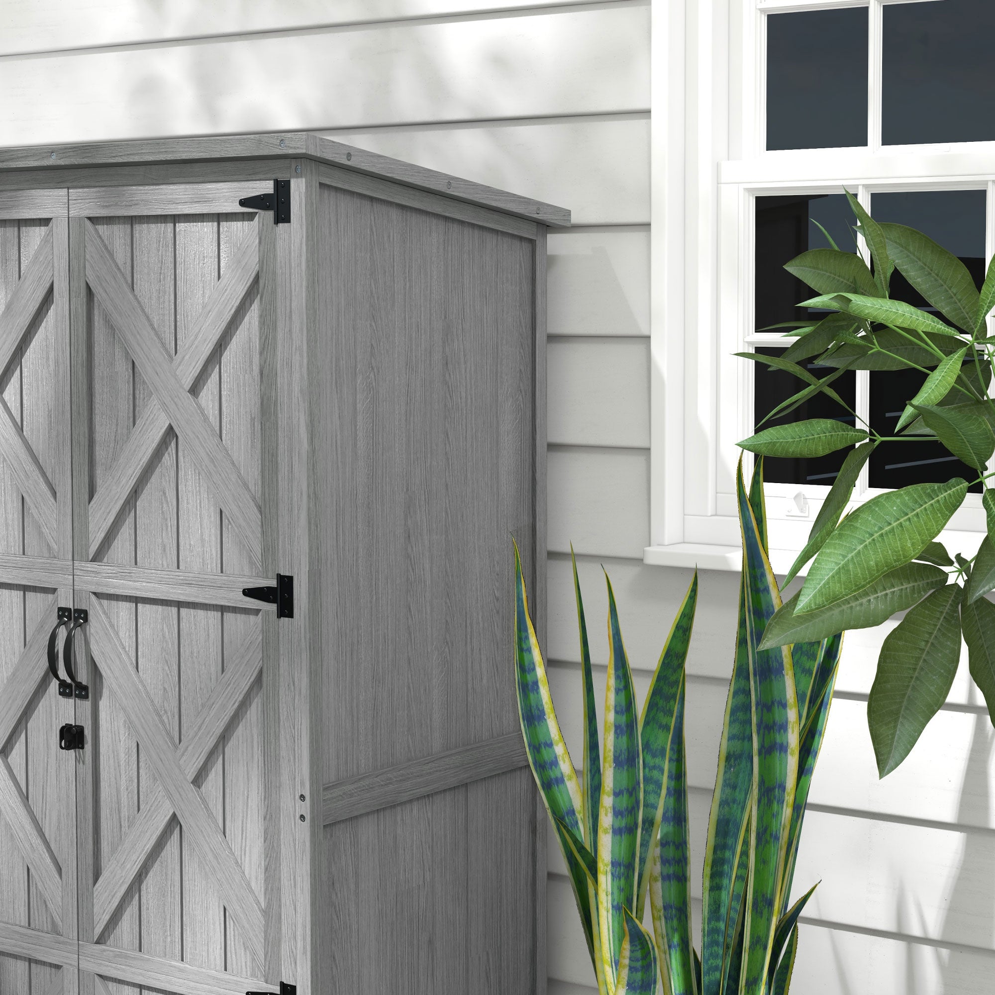 Wooden Outdoor Storage Cabinet Garden Shed with Waterproof Asphalt Roof and Lockable Doors, Gray - Gray - Image 8