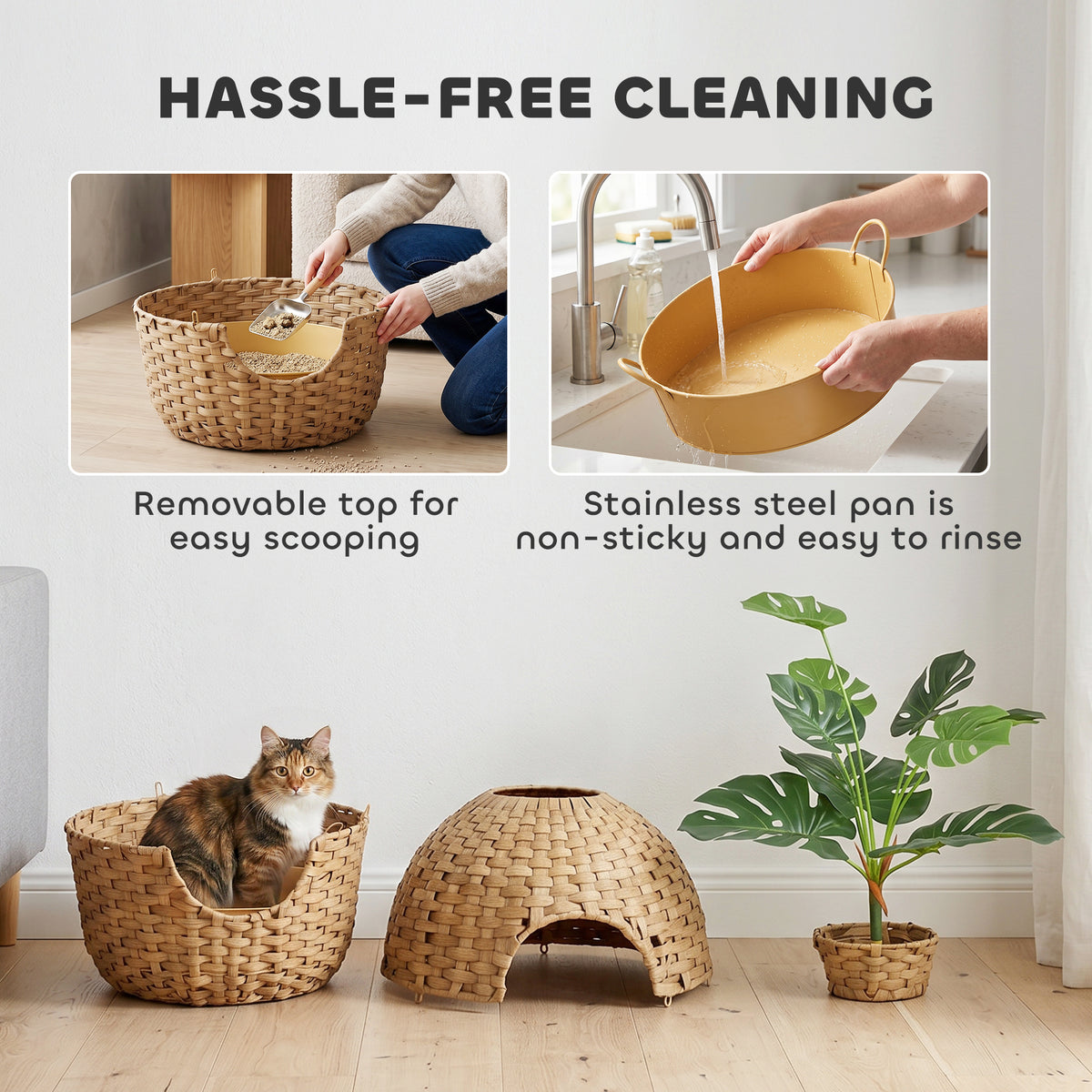 Hidden Cat Litter Box Enclosure with Faux Plant & Stainless Steel Tray for Bedroom, Living Room, Corner