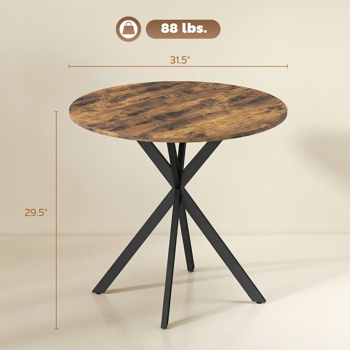 31.5" Small Round Dining Table for 2, Industrial Kitchen Table with Cross Steel Legs for Dining Room, Rustic Brown