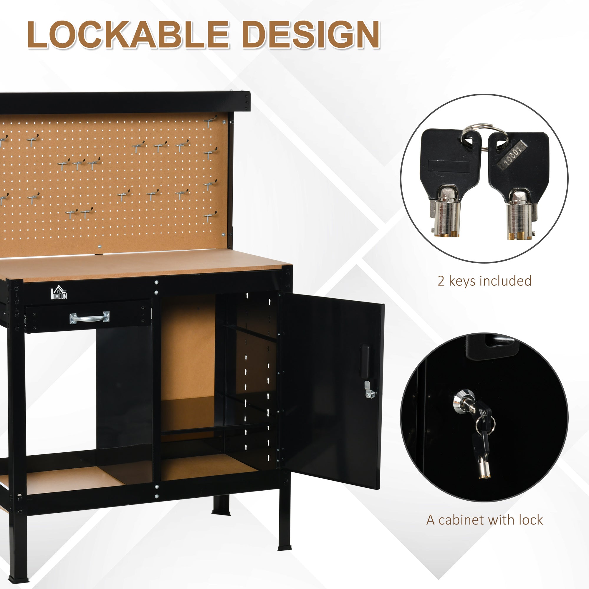 Multipurpose Workbench, Workshop Tool Table with Slide Drawer. Peg Board, Storage Cabinet with Keys