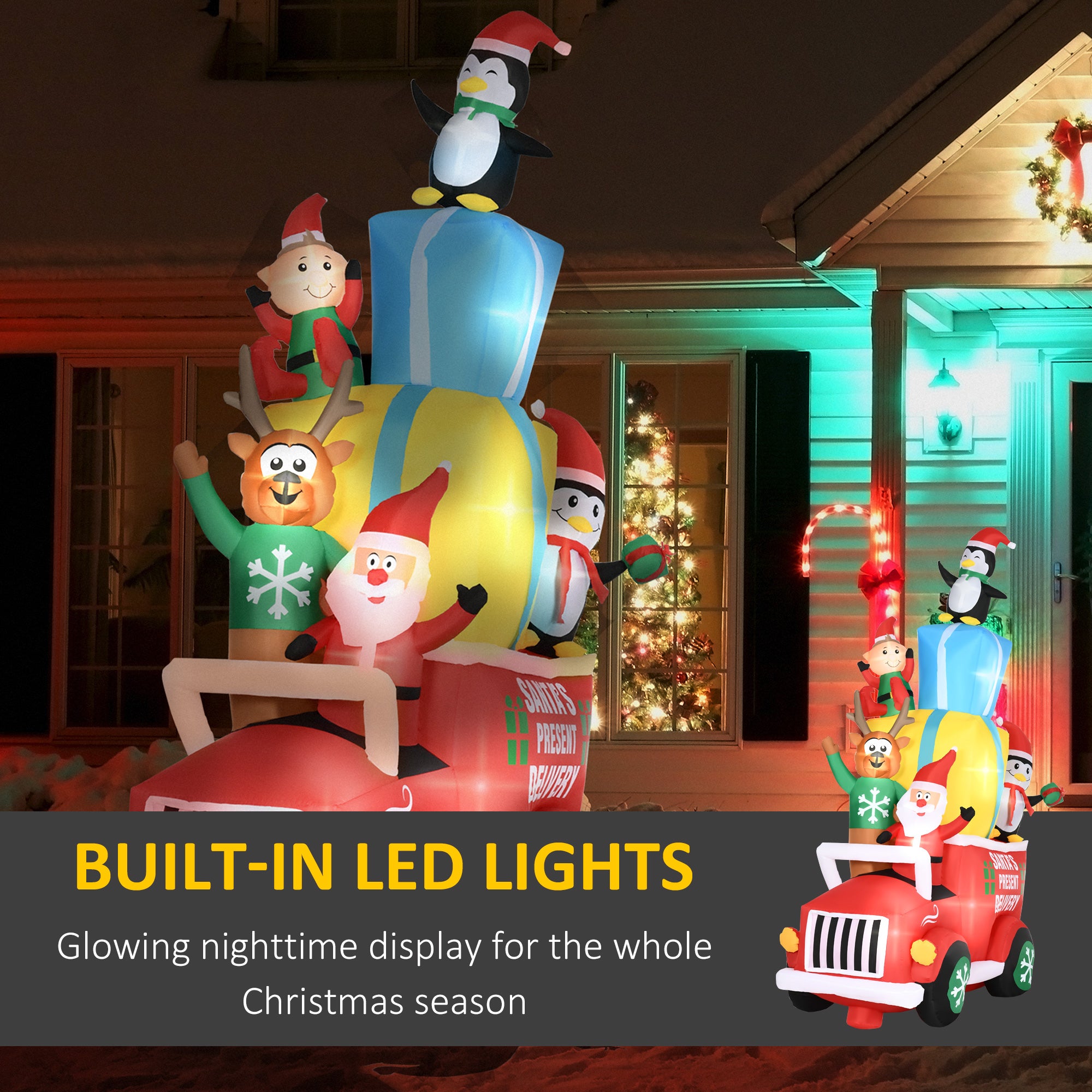 9ft Christmas Inflatables Outdoor Decorations Santa Claus Drives a Gift Car with Elk, Elf and Two Penguins, Blow-Up LED Yard Christmas Decor for Garden, Lawn