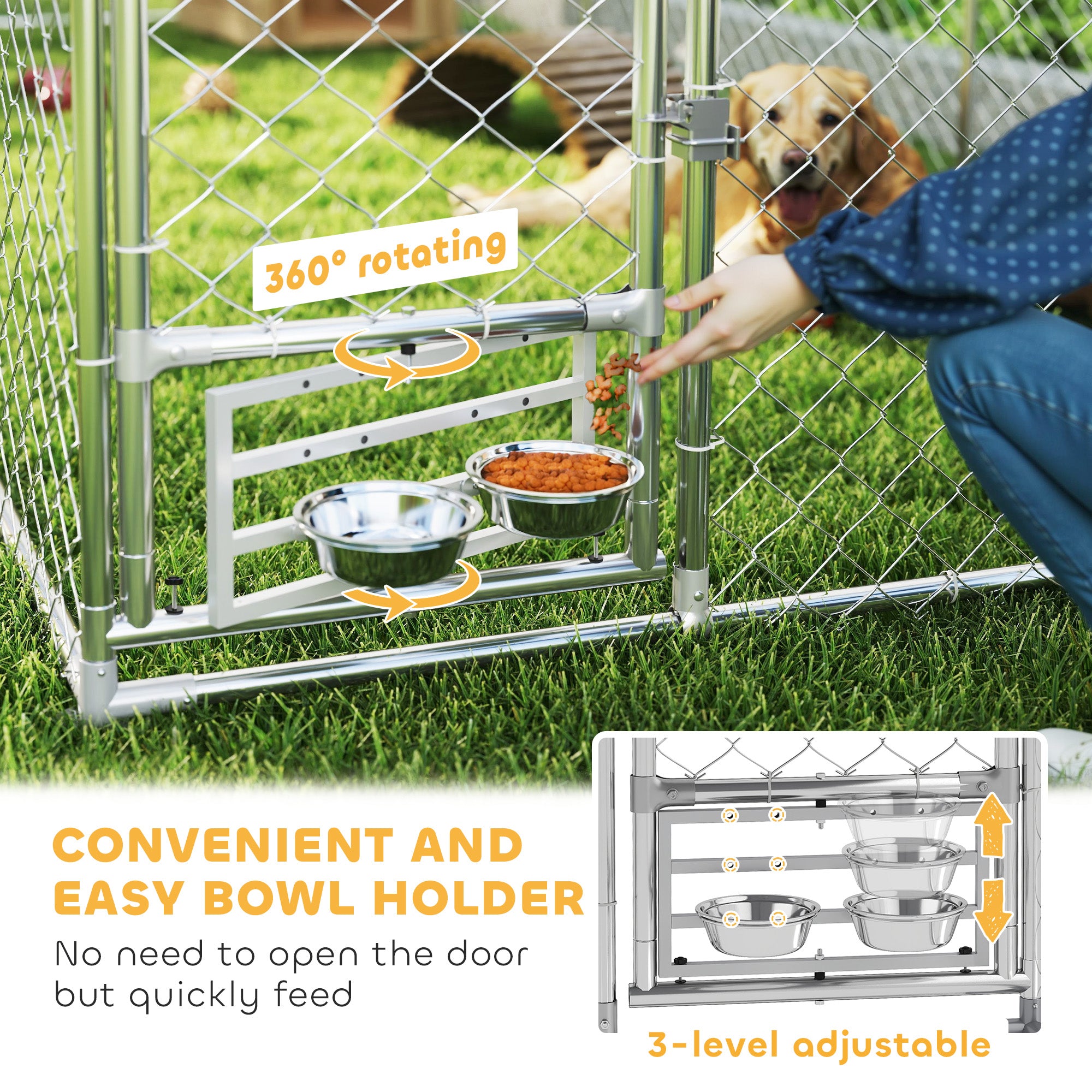 Outdoor Dog Kennel w/ Adjustable & Rotatable Bowl Rack, Waterproof UV-Resistant Cover, Secure Lock, 19.7' x 7.5' x 7.5' - Silver - Image 7