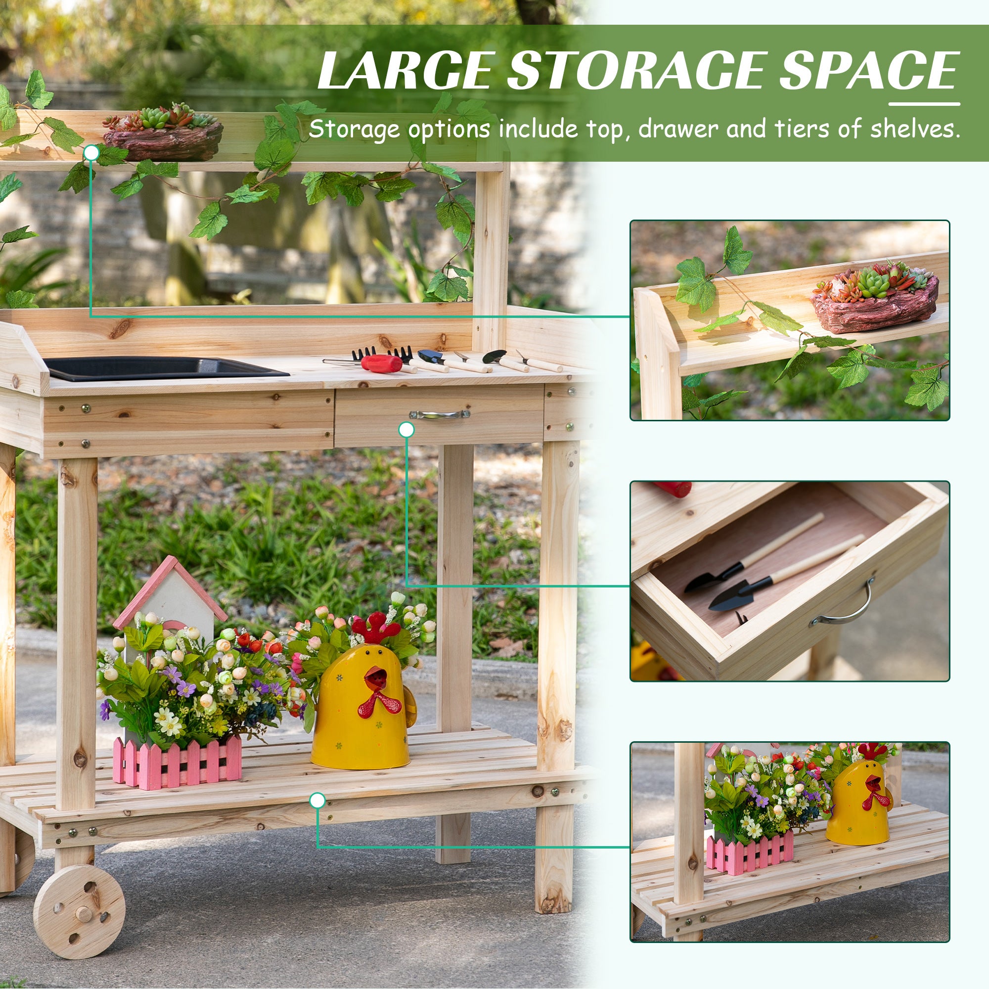 36" Wooden Potting Bench Work Table with 2 Removable Wheels, Garden Workstation with Removable Sink, Drawer & Large Storage Spaces, Natural - Natural Wood - Image 6