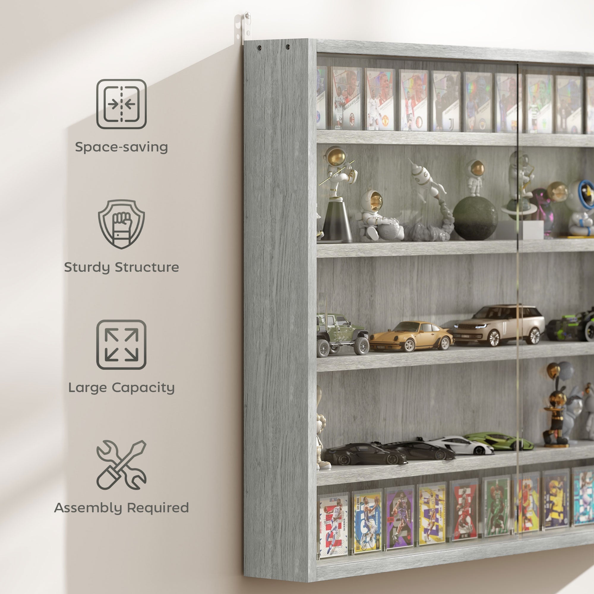 5-Tier Display Cabinet, Wall-Mounted Display Case with 2 Glass Doors and Adjustable Shelves, Gray