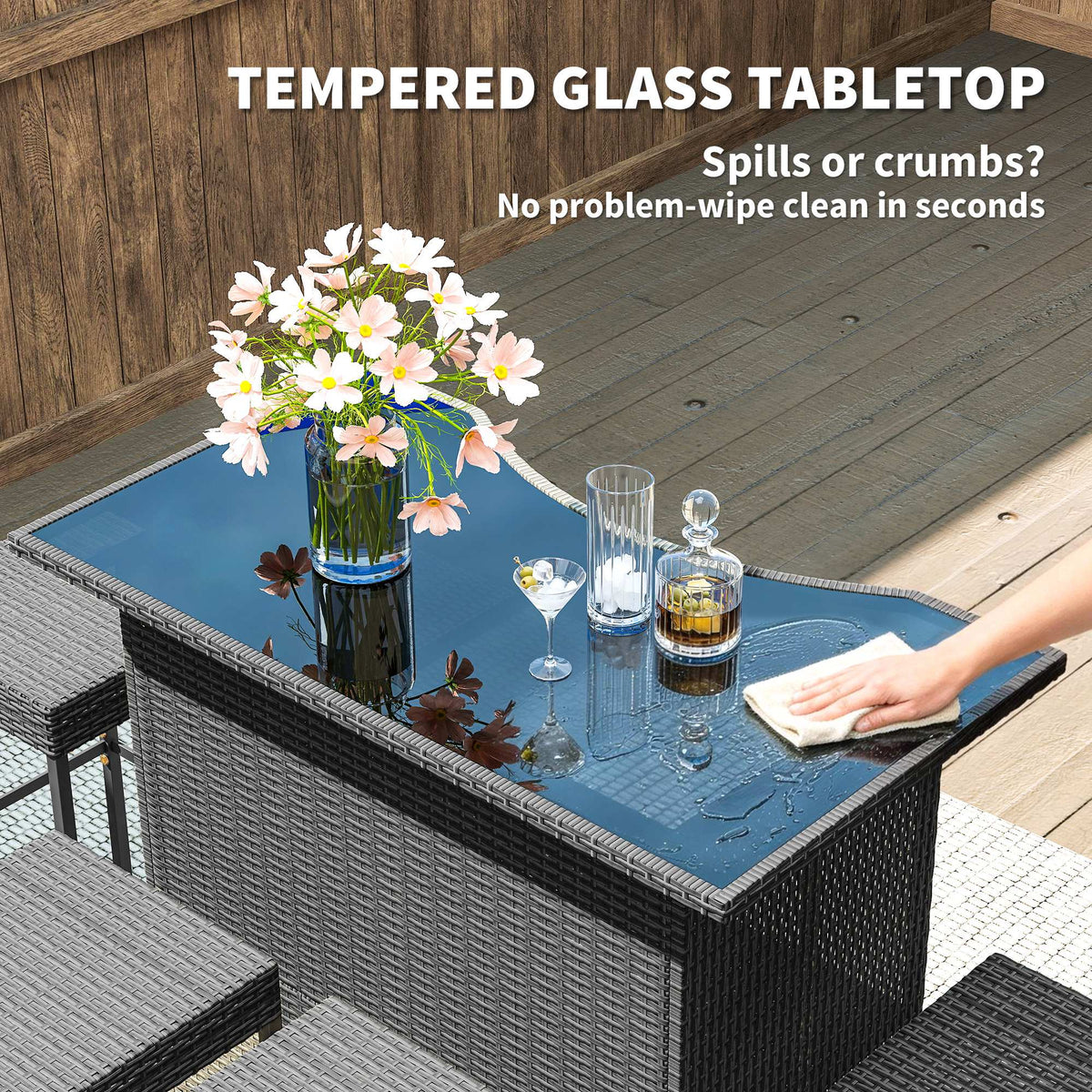 5 Piece Rattan Wicker Bar Set, High Top Outdoor Table and Chairs, Bar Height Patio Set, 2 Shelves & 4 Bar Stools, Gray