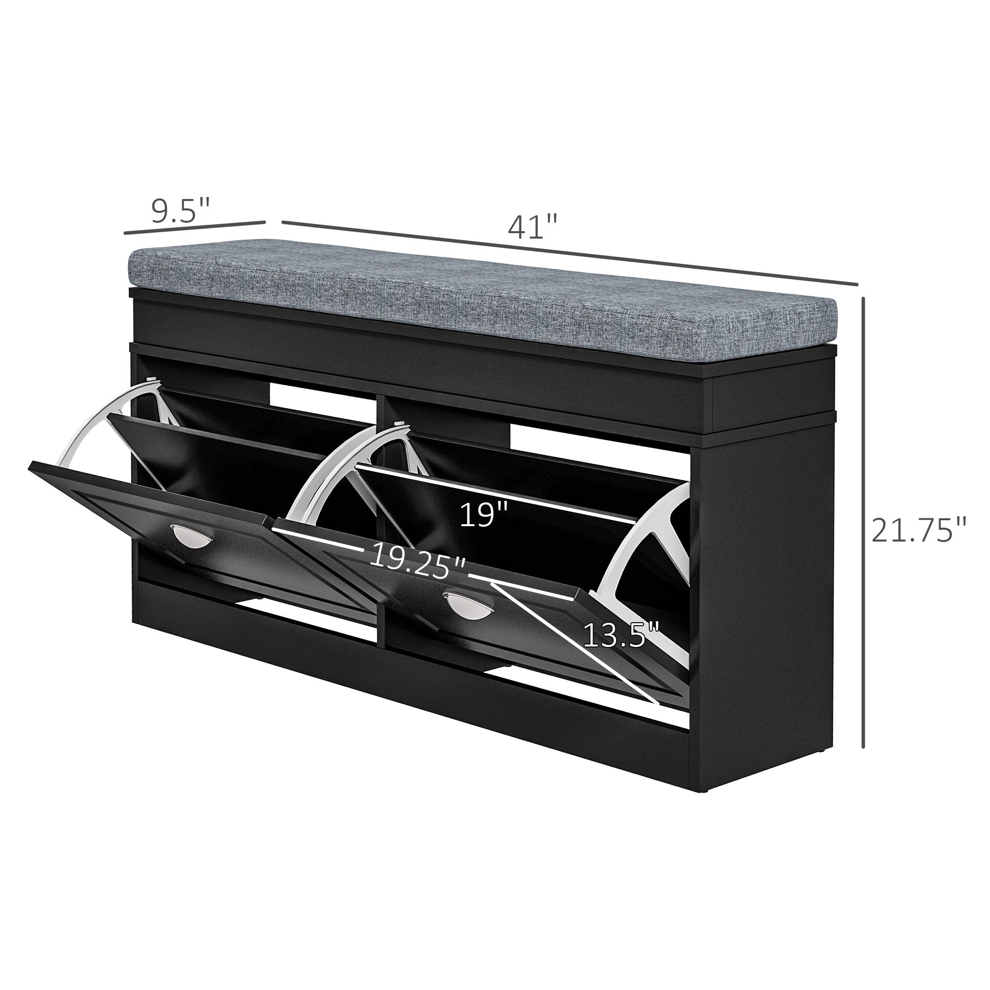 Modern Shoe Storage Bench, Entry Way Bench with Cushion, 2 Drawers, Storage Ottoman Bench, Holds 8 Pairs, Black