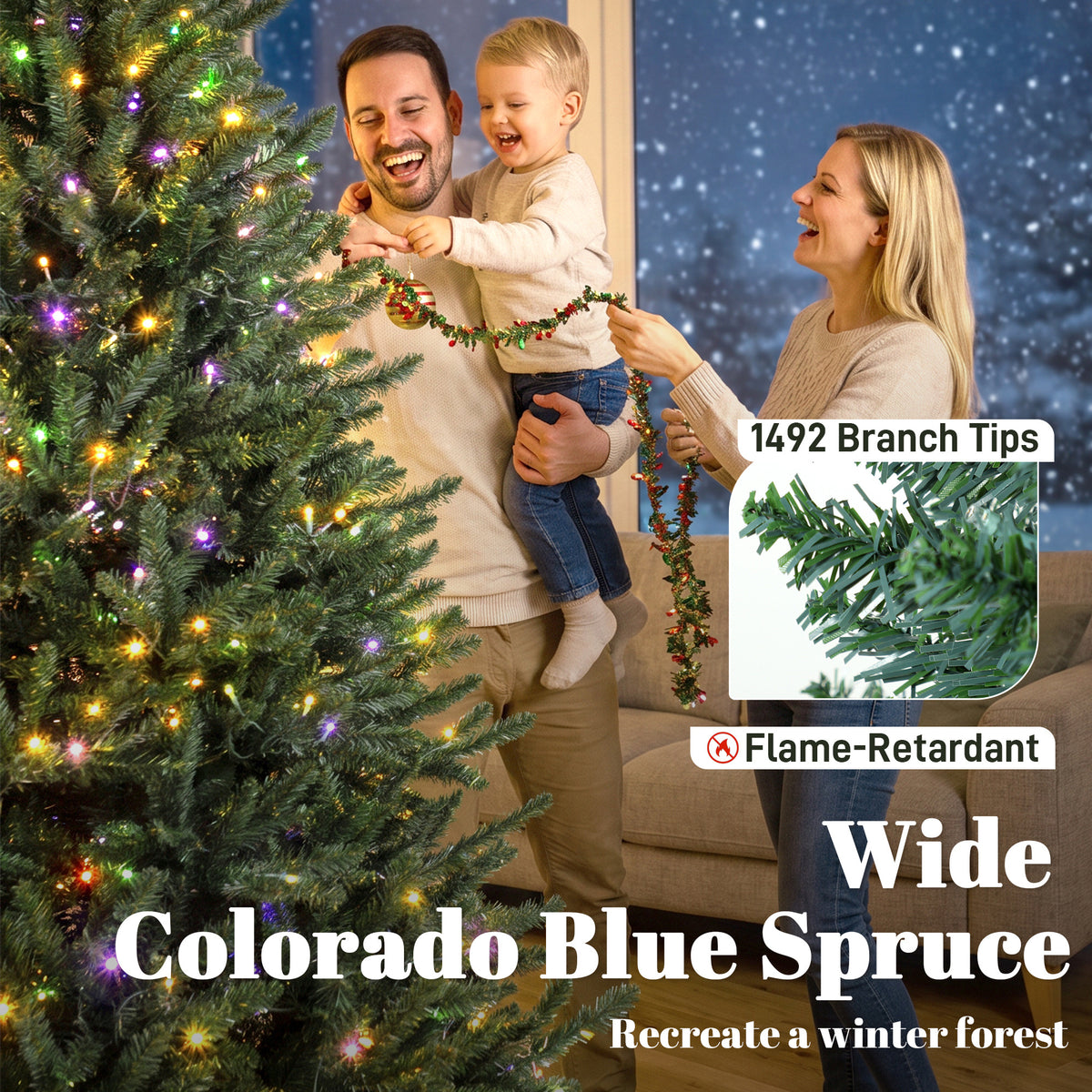 6ft Prelit Christmas Tree, Colorado Blue Spruce, Easy Plug, Hinged Xmas Tree with Warm White & Multi-Color LED Lights